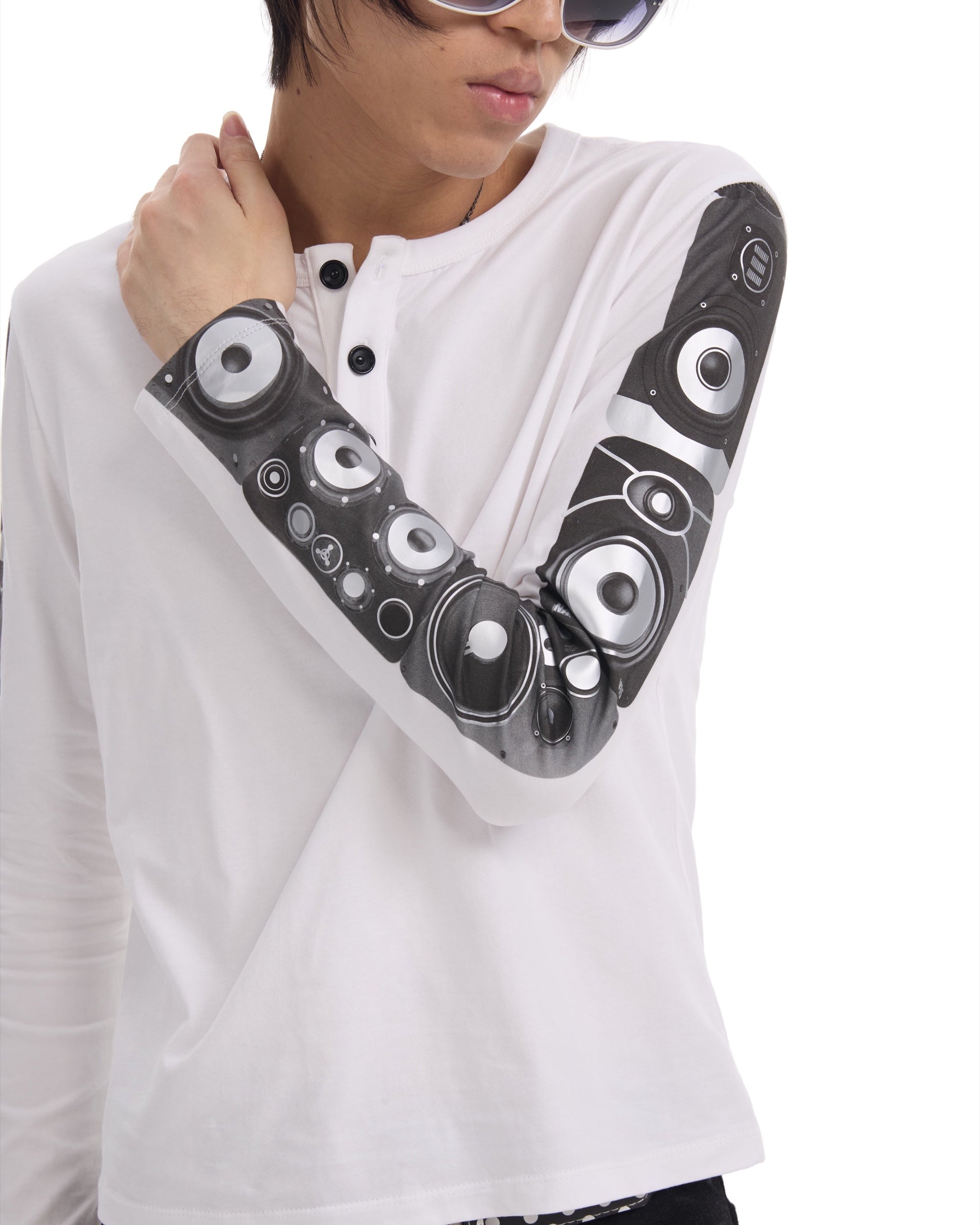 Speaker Sleeve Print Henley Long Sleeve T-Shirt by NUMBASIA, on a model