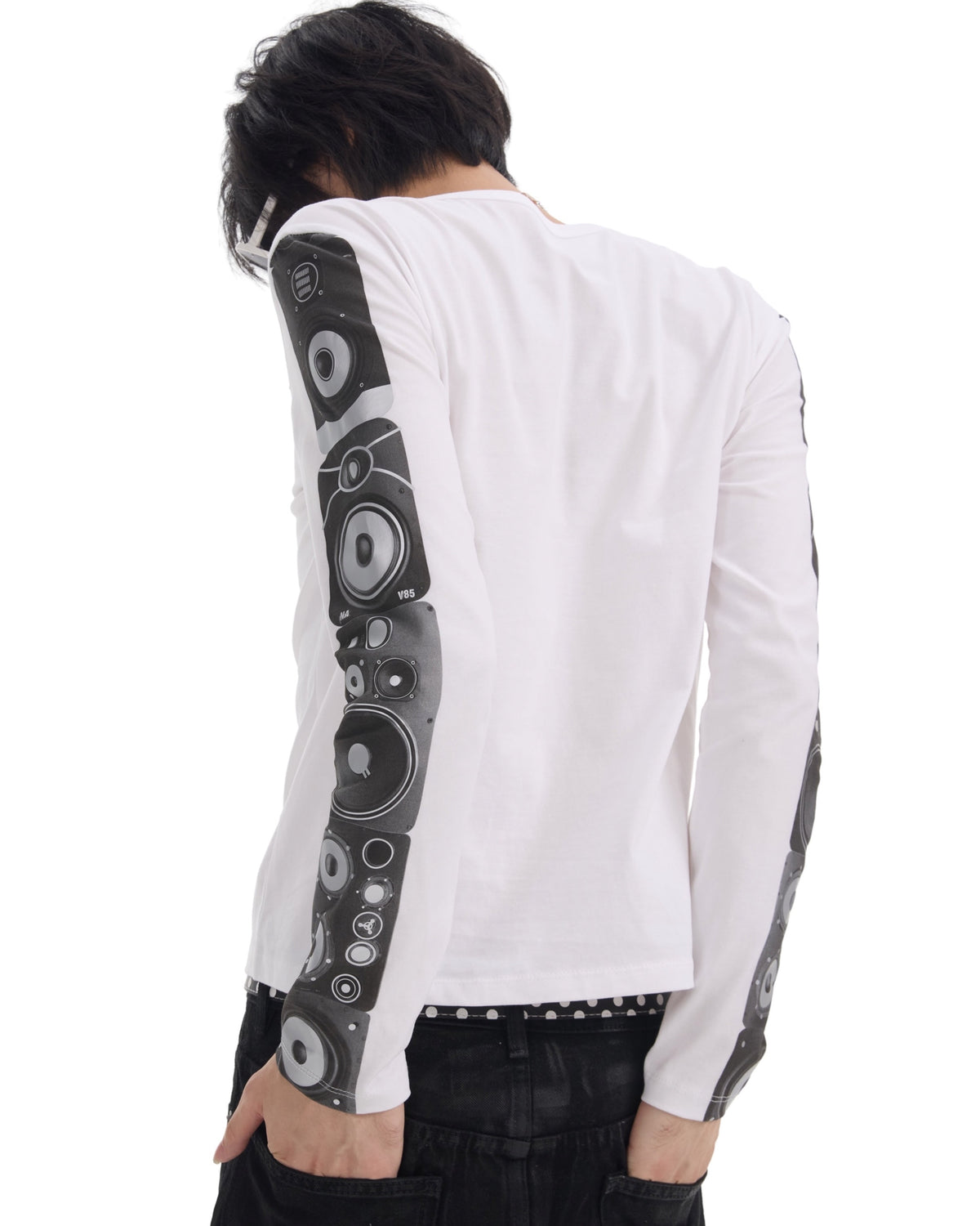 Speaker Sleeve Print Henley Long Sleeve T-Shirt by NUMBASIA, on a model