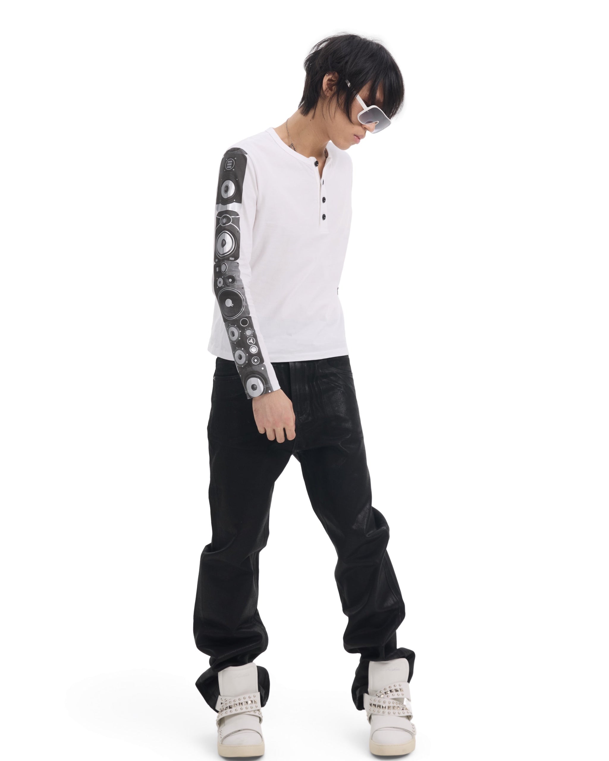 Speaker Sleeve Print Henley Long Sleeve T-Shirt by NUMBASIA, on a model