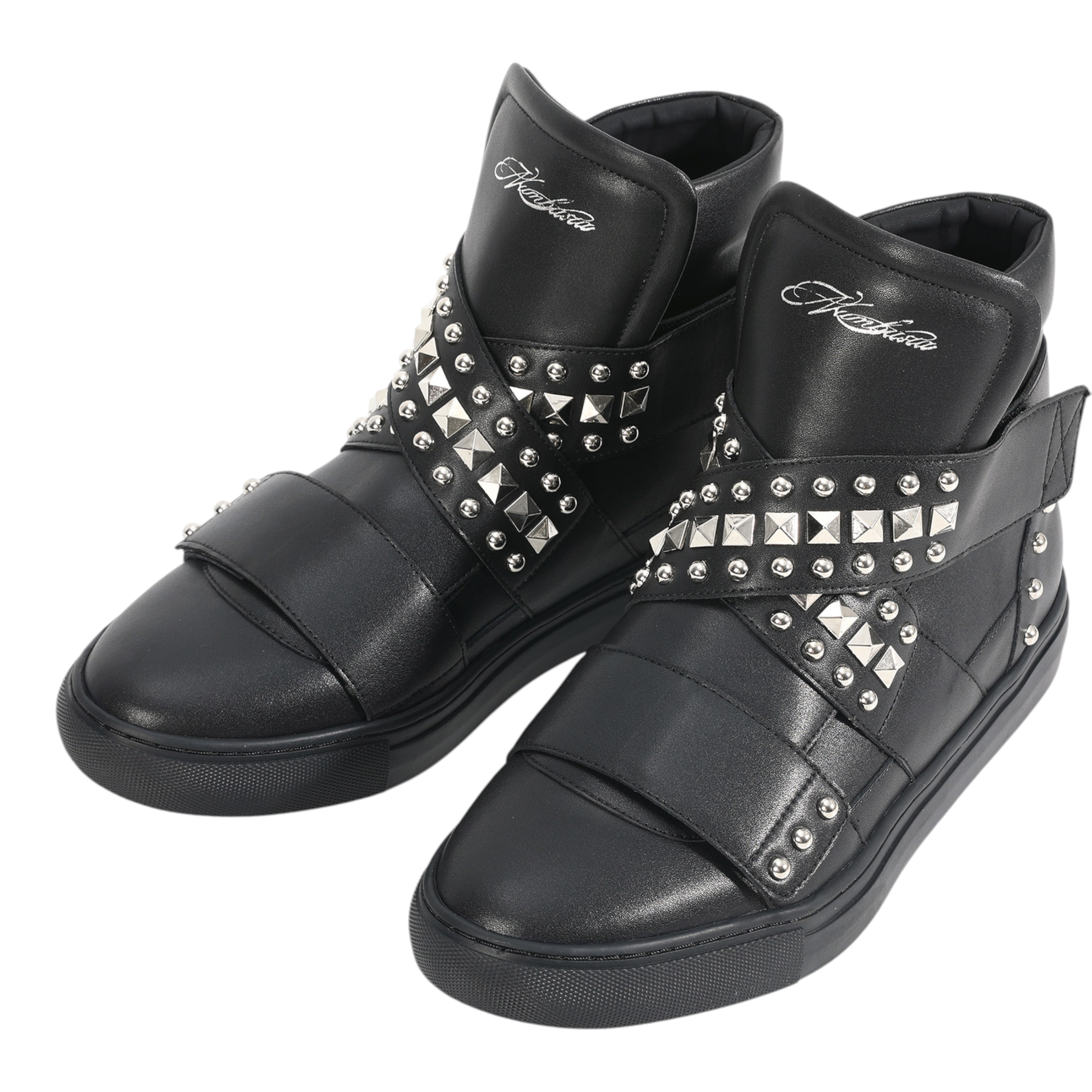 Studded Multi-Strap High-Top Sneakers by NUMBASIA, black, angled front view