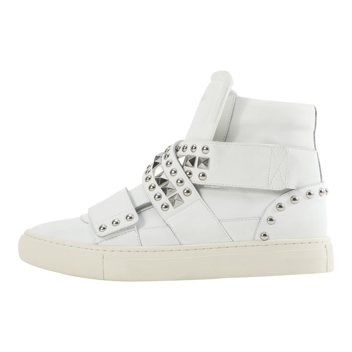 Studded Multi-Strap High-Top Sneakers by NUMBASIA, white, side view