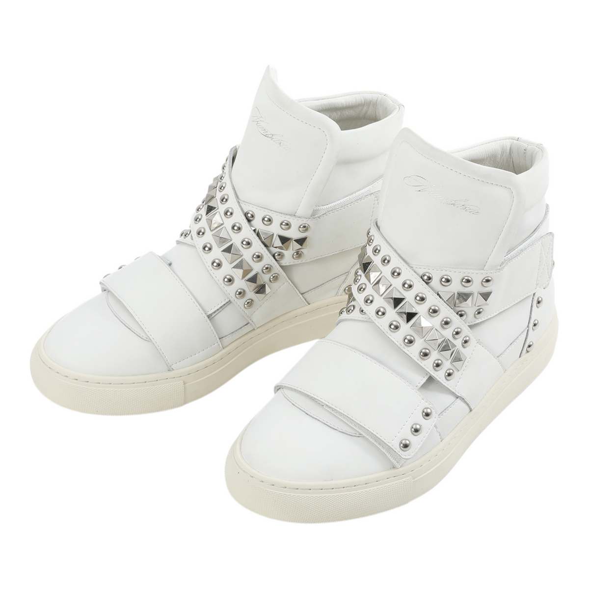 Studded Multi-Strap High-Top Sneakers by NUMBASIA, white, angled front view