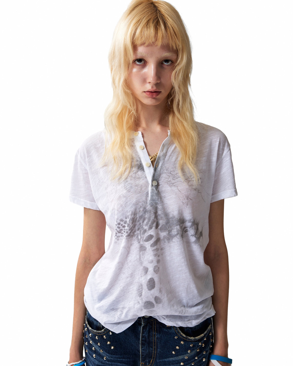 Leopard Print Slub Henley T-Shirt by NUMBASIA, on a model