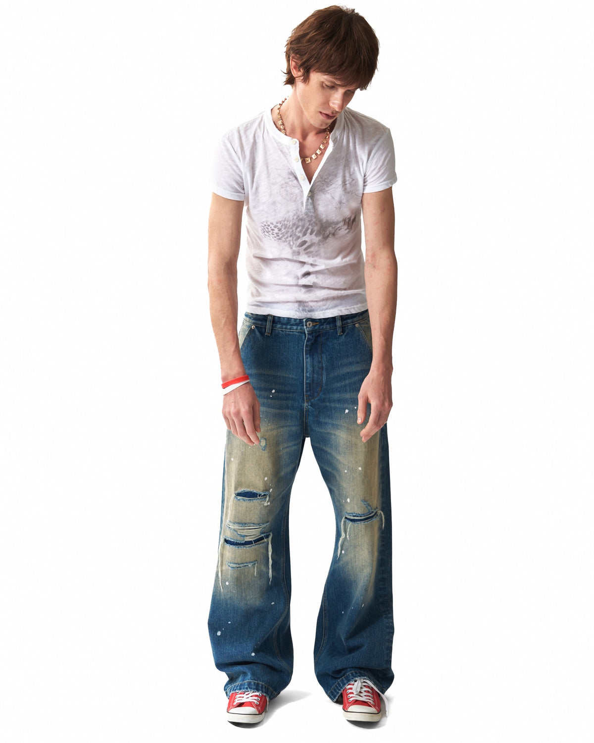 Distressed Leopard Flag Patch 13oz Baggy Jeans by NUMBASIA, on a model