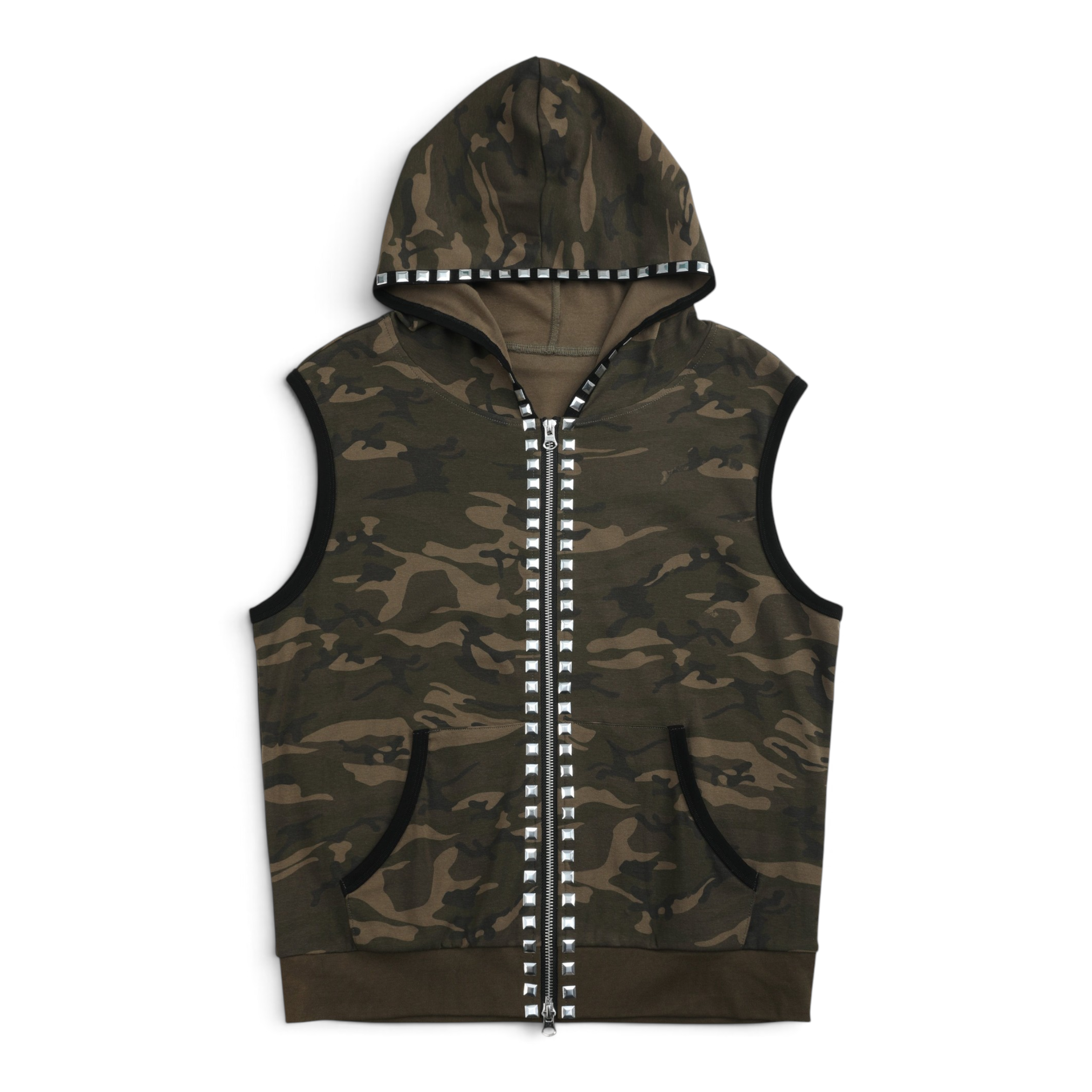 Studded Camo Hooded Zip Vest by NUMBASIA, product view