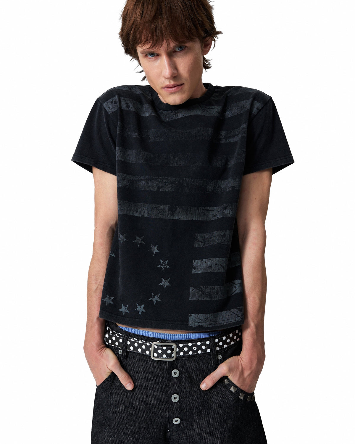 Distressed Flag Print Washed T-Shirt by NUMBASIA, on a model