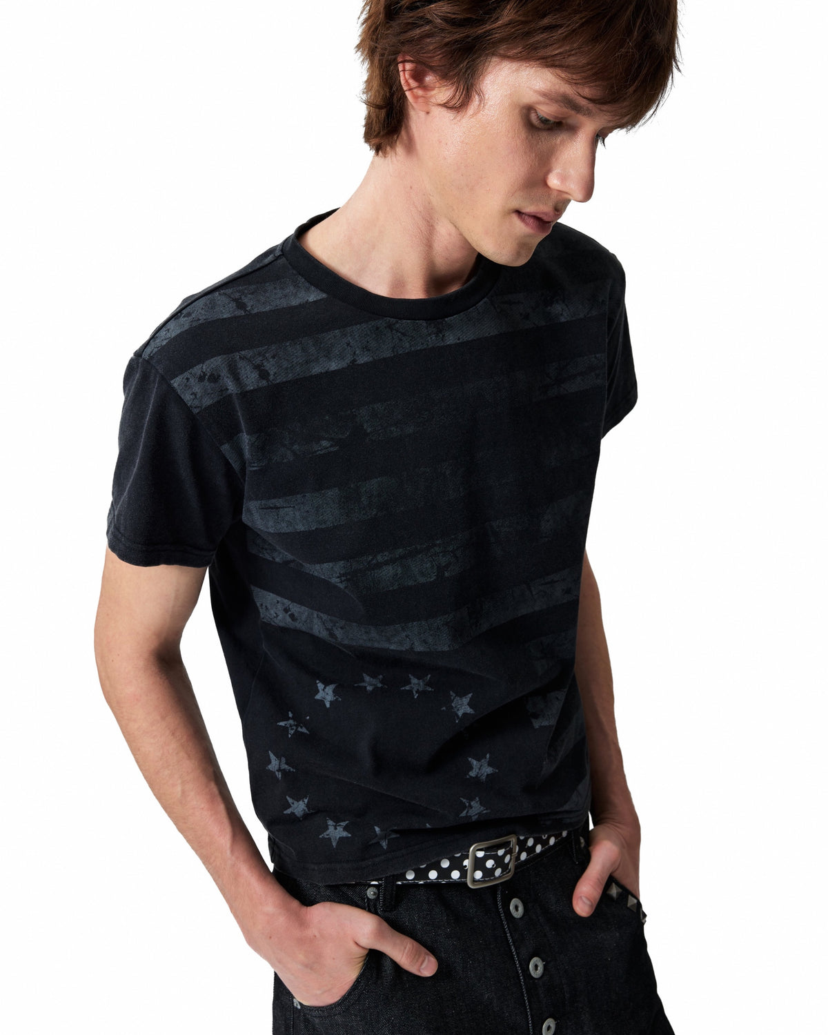 Distressed Flag Print Washed T-Shirt by NUMBASIA, on a model