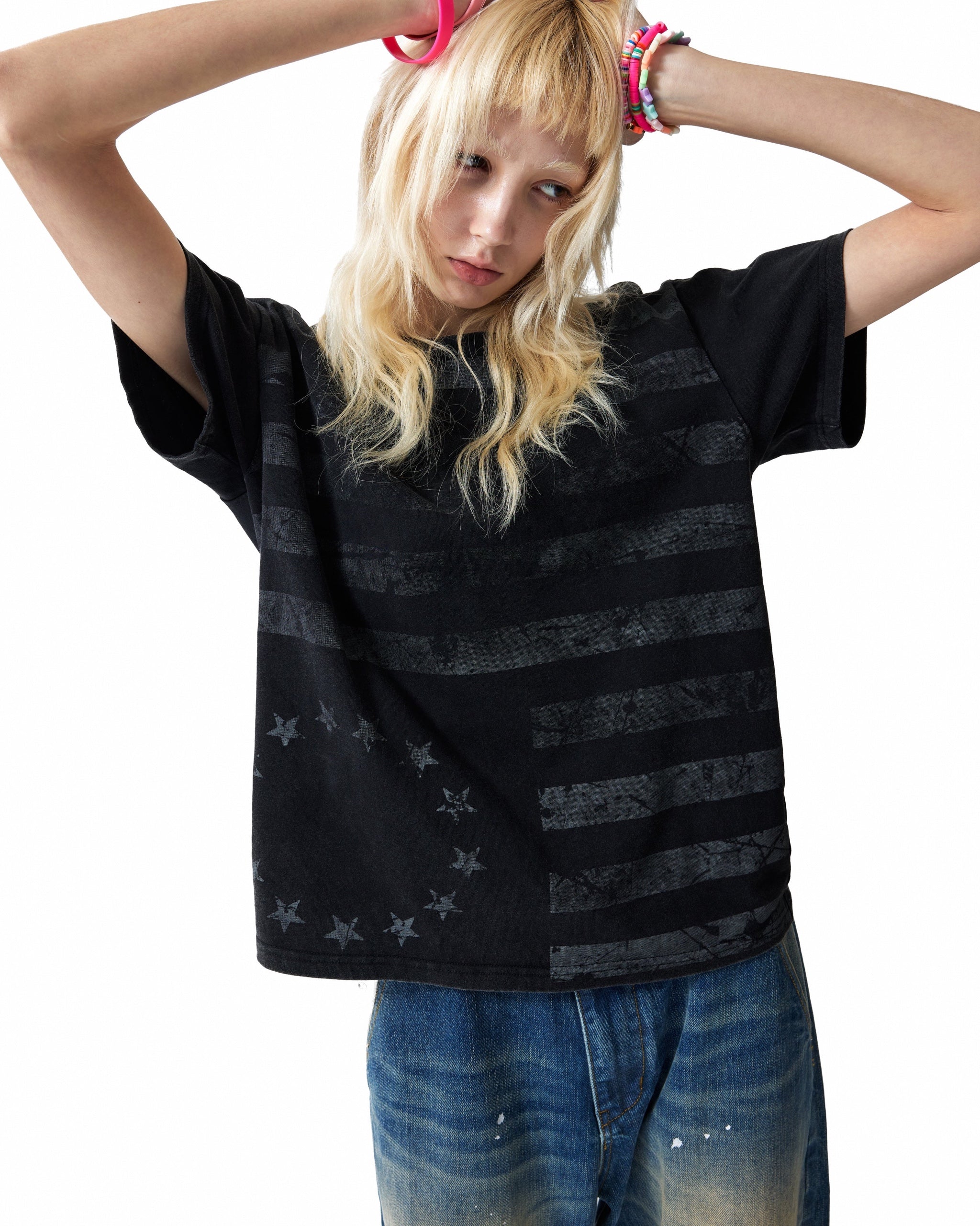 Distressed Flag Print Washed T-Shirt by NUMBASIA, on a model