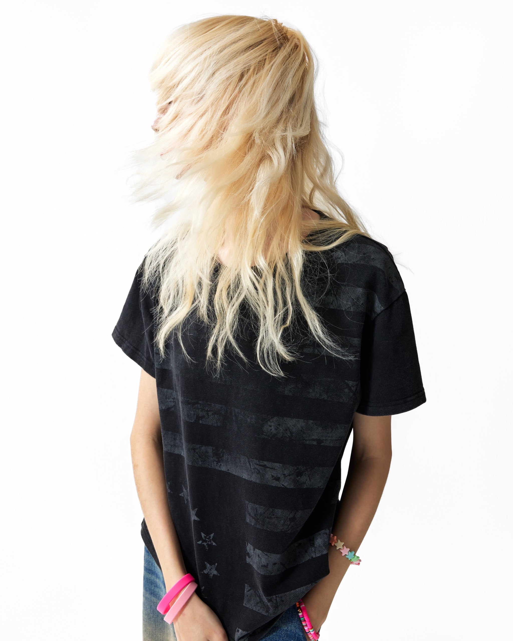 Distressed Flag Print Washed T-Shirt by NUMBASIA, on a model