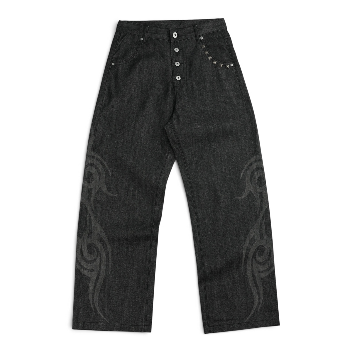 Burnout Motif Studded 13oz Baggy Raw Denim Jeans by NUMBASIA, product view