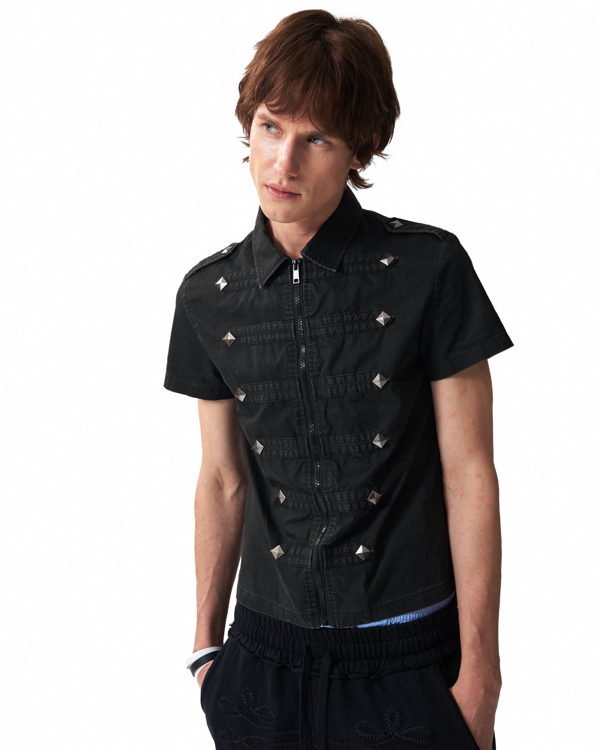 Studded Epaulette Zip-Front Short Sleeve Shirt by NUMBASIA, on a model