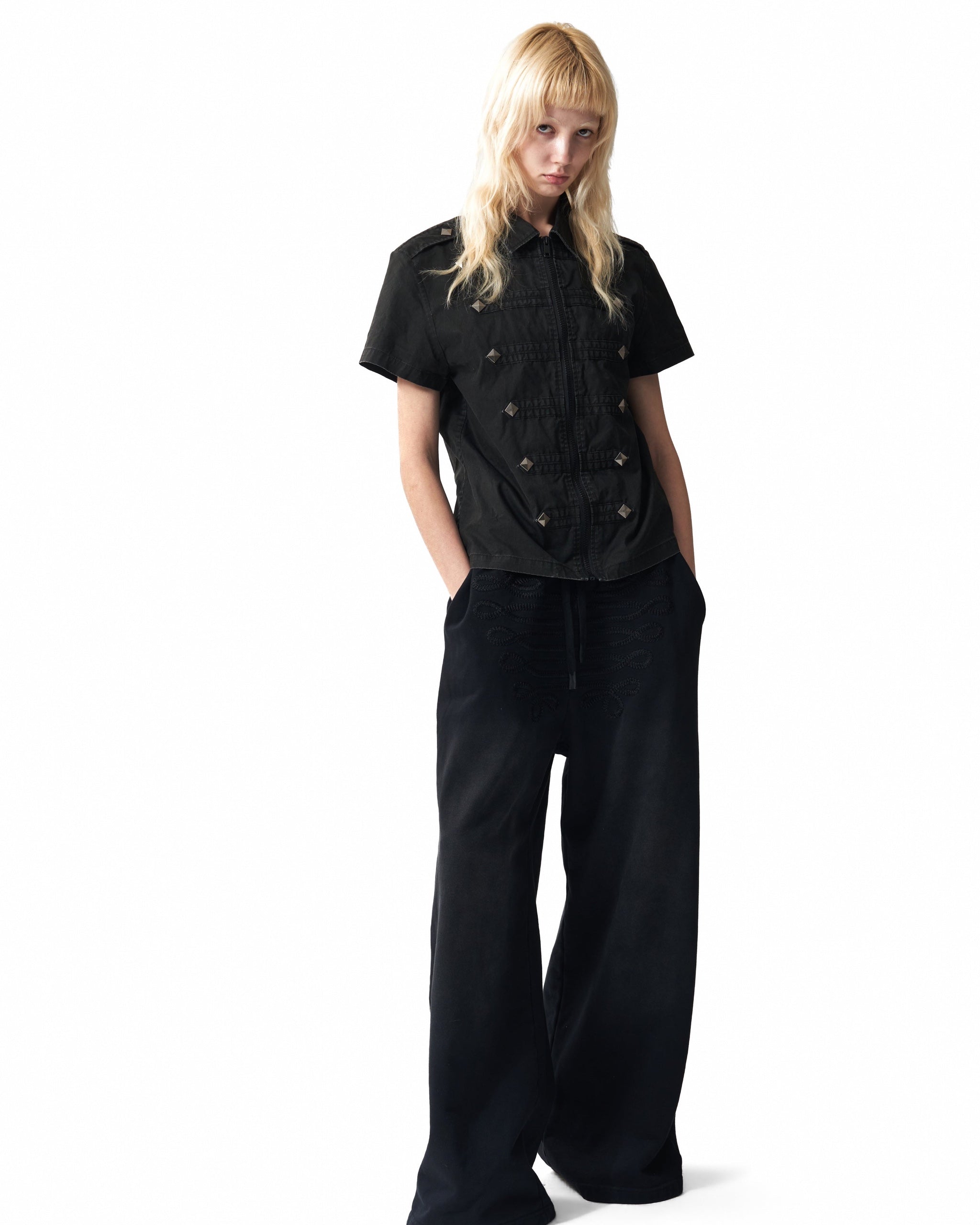 Studded Epaulette Zip-Front Short Sleeve Shirt by NUMBASIA, on a model