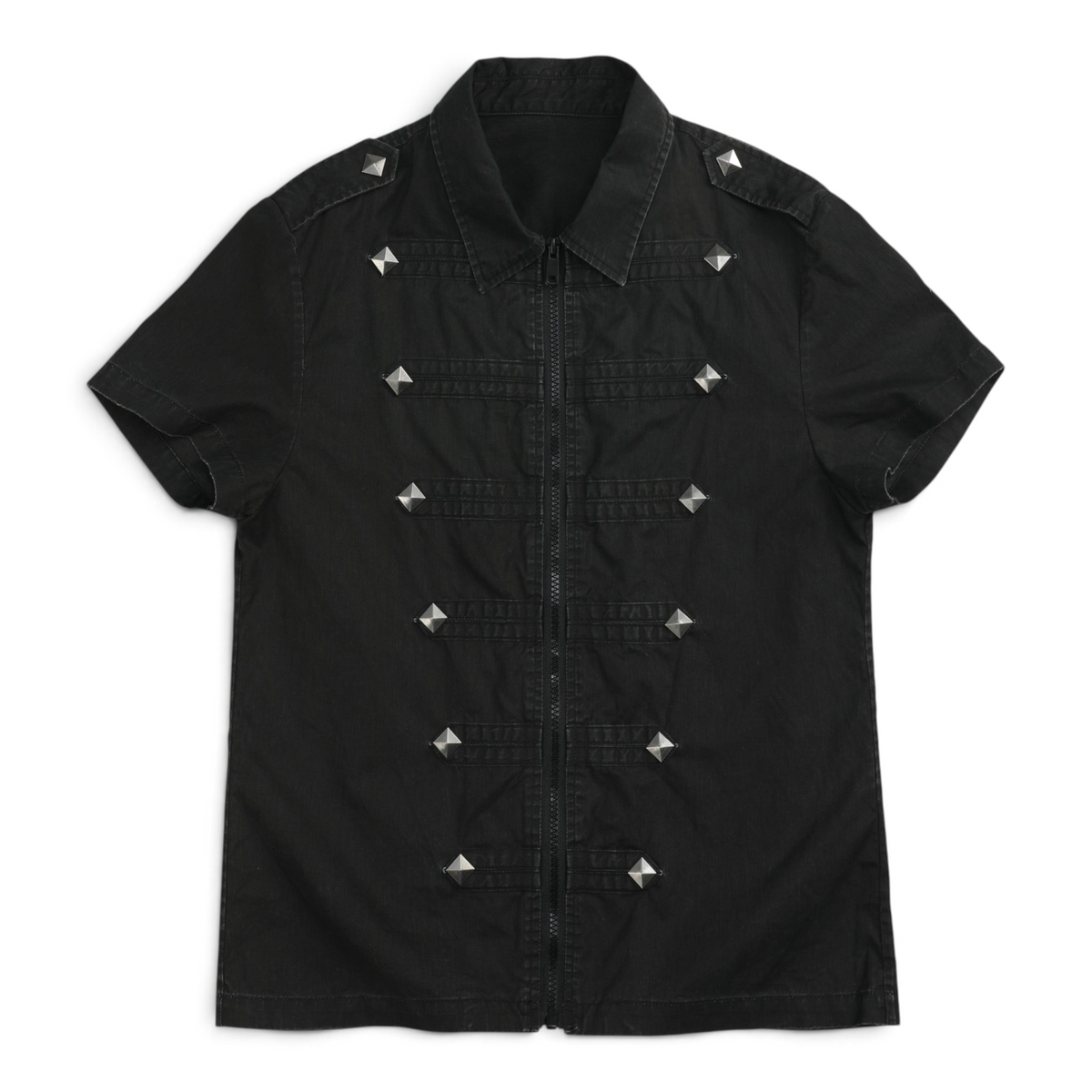 Studded Epaulette Zip-Front Short Sleeve Shirt by NUMBASIA, product view