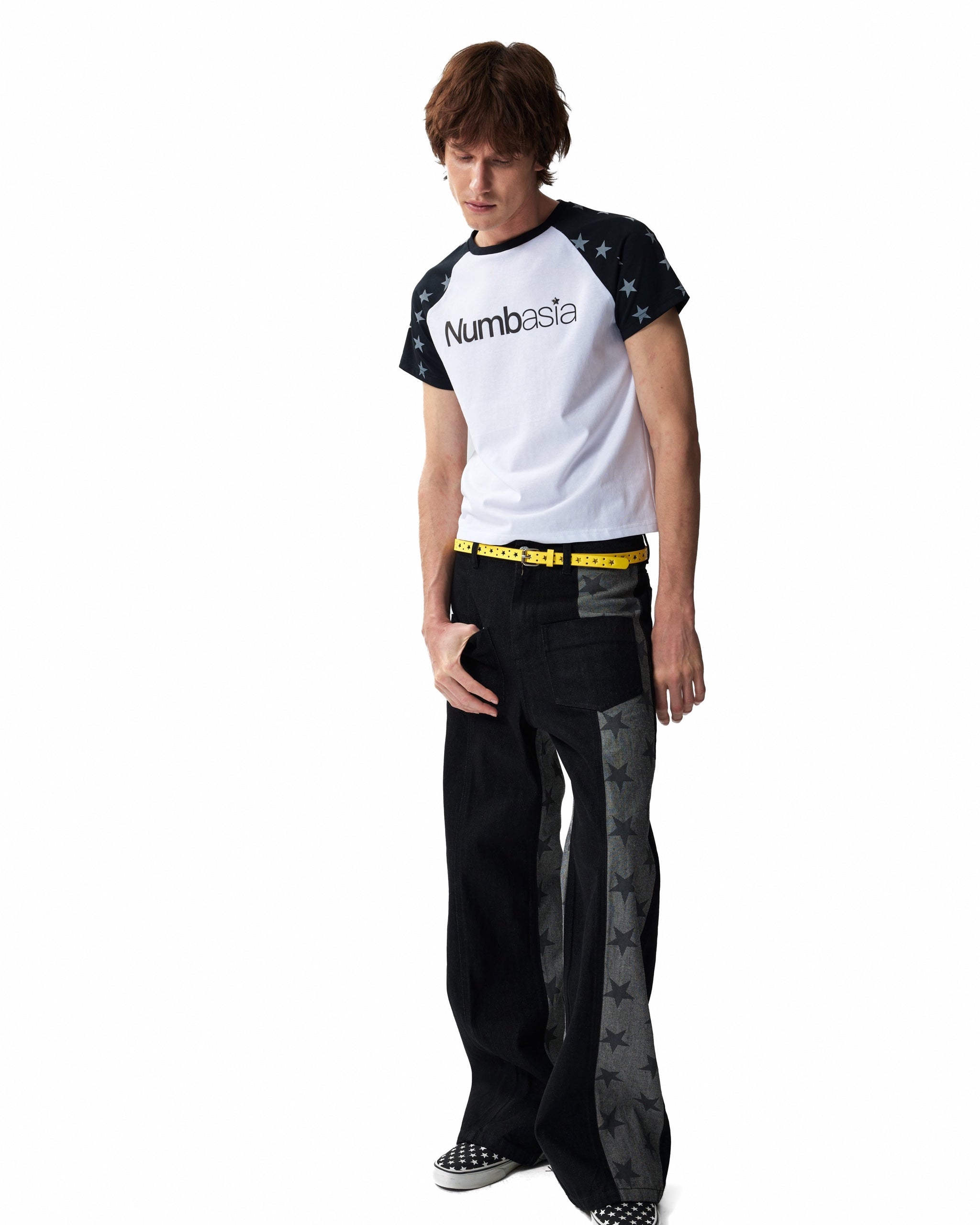 Star Raglan Rhinestone Logo T-Shirt by NUMBASIA, on a model
