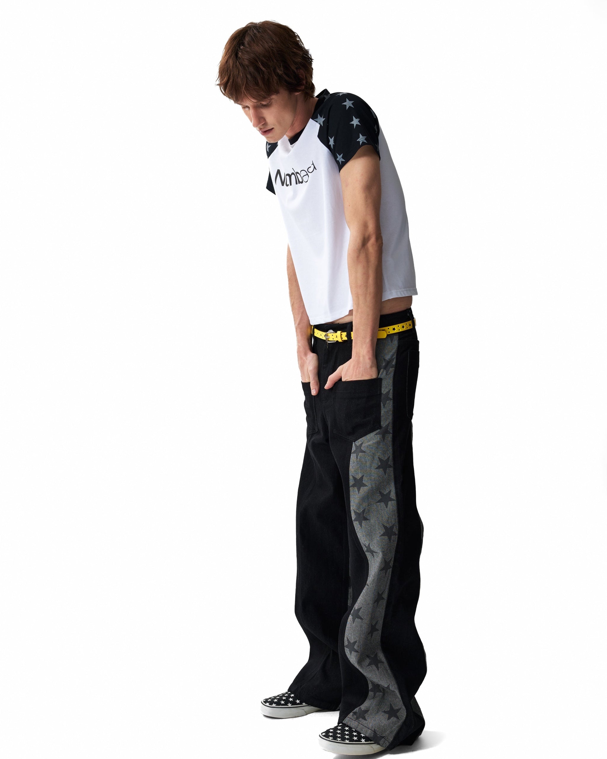 Star Panel 13oz Straight-Leg Raw Denim Jeans by NUMBASIA, on a model