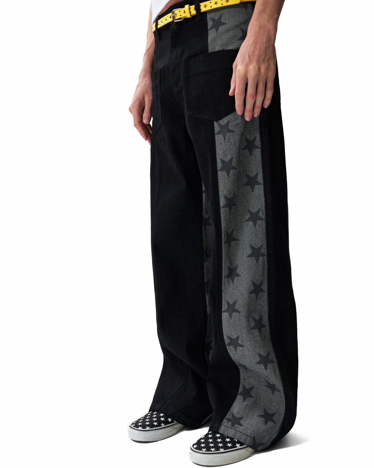 Star Panel 13oz Straight-Leg Raw Denim Jeans by NUMBASIA, on a model