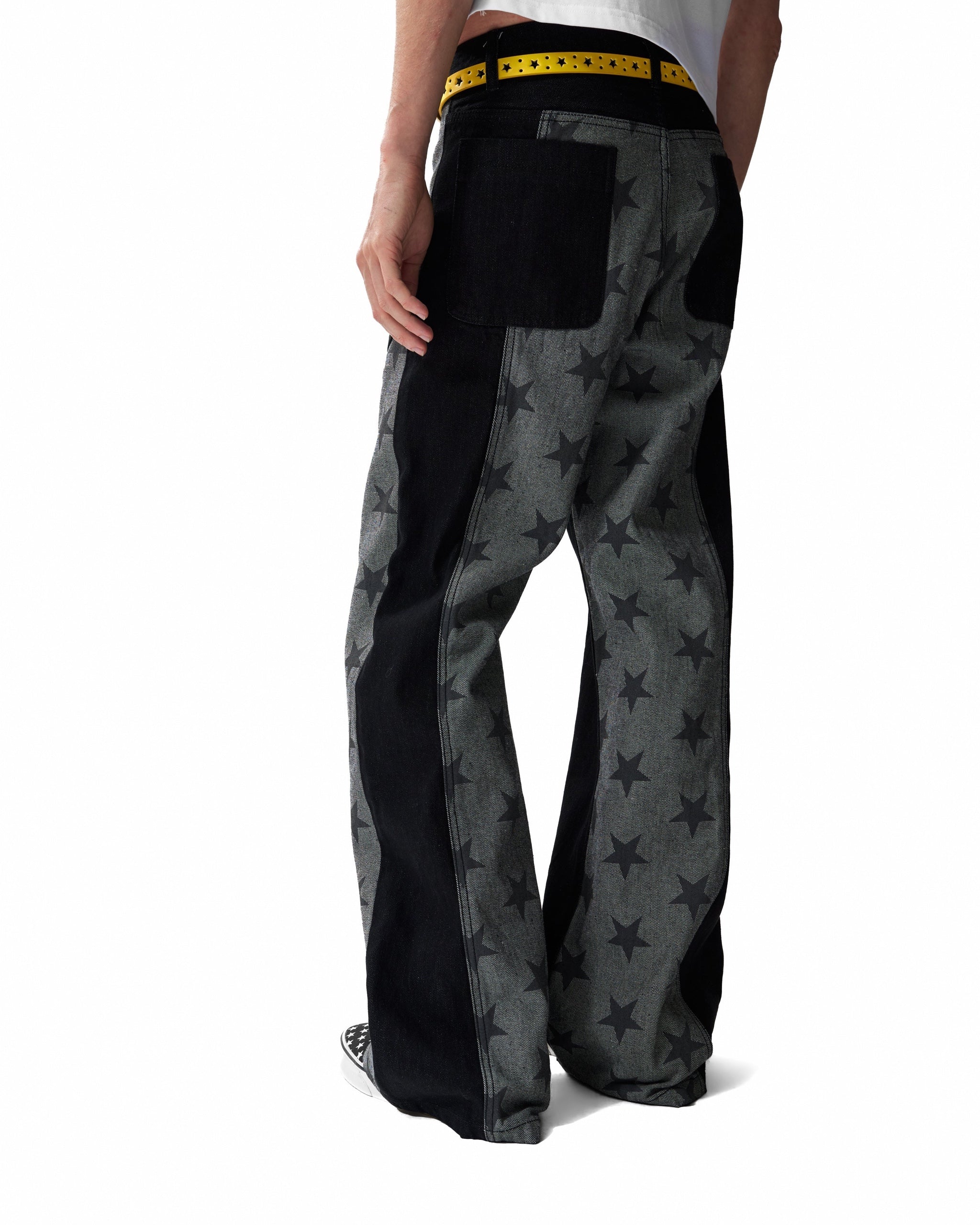 Star Panel 13oz Straight-Leg Raw Denim Jeans by NUMBASIA, on a model