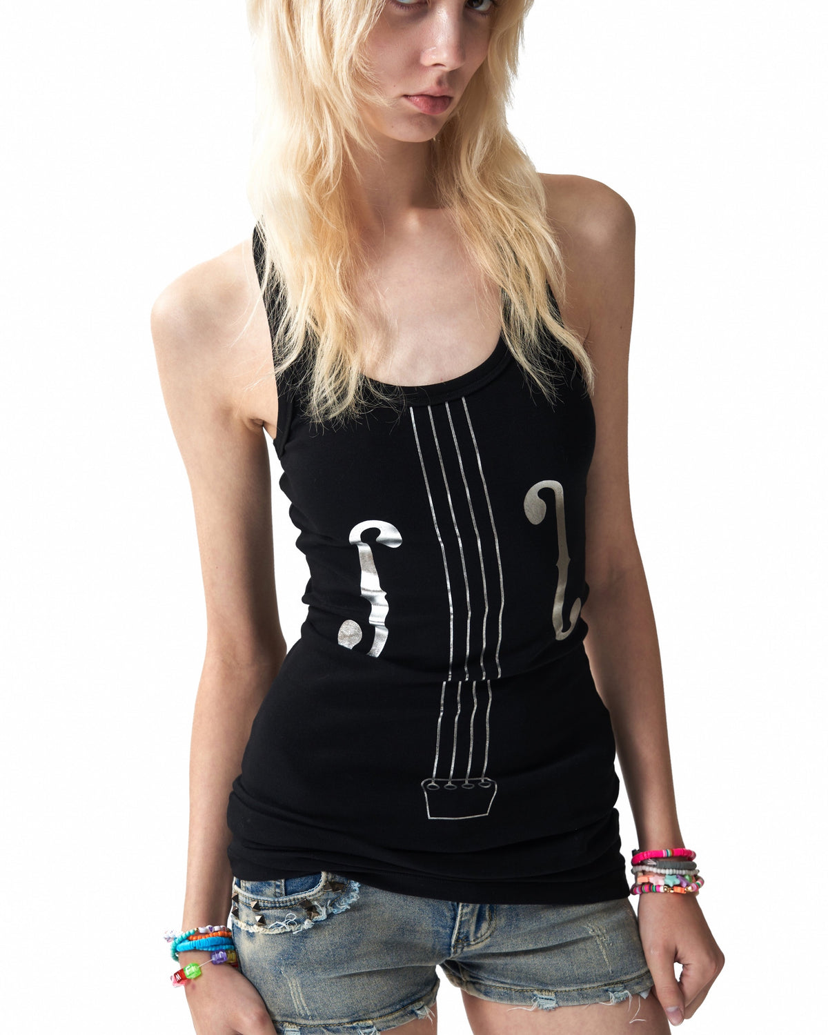 Metallic Violin Print Fitted Tank Top by NUMBASIA, on a model
