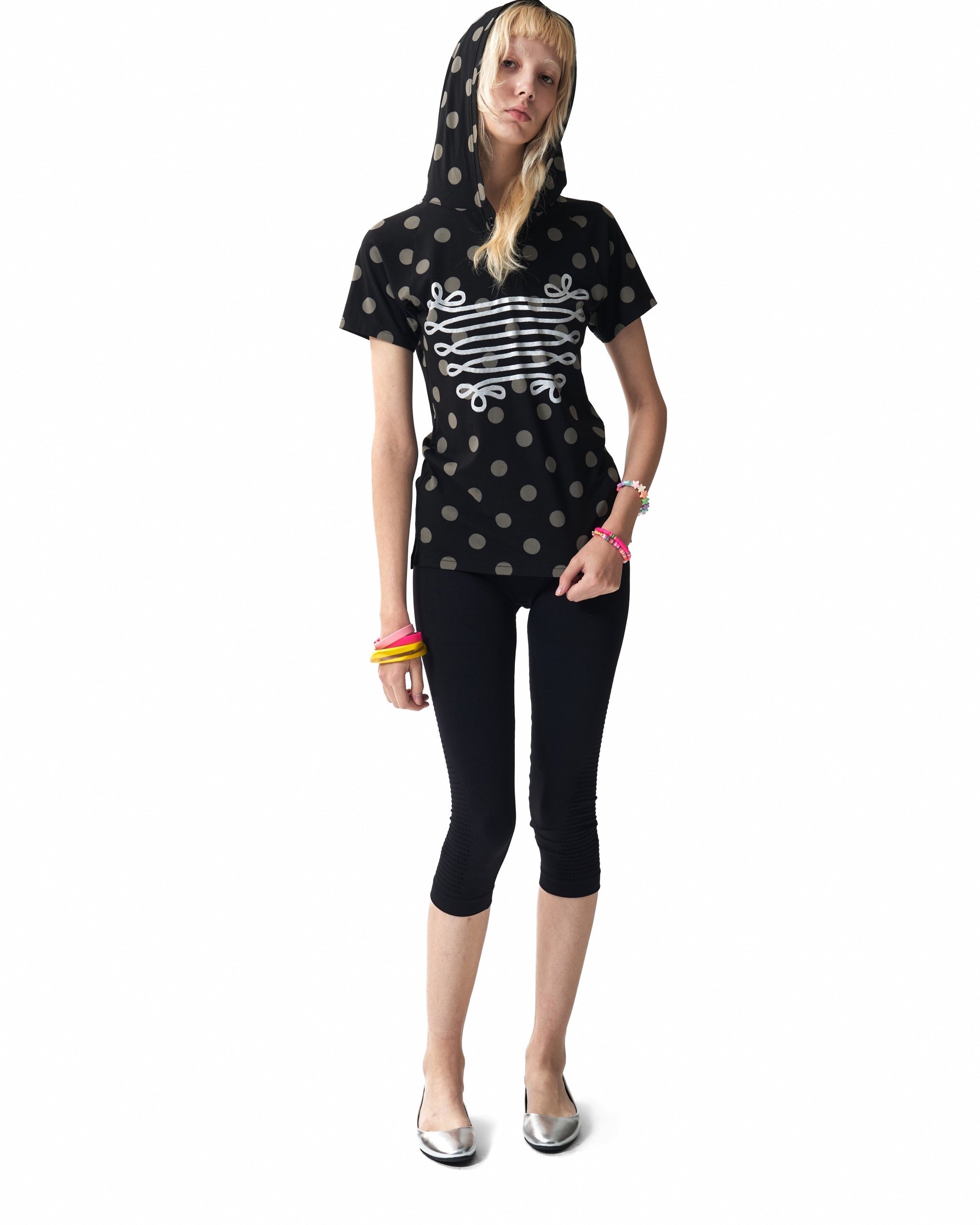 Metallic Baroque Polka Dot Hooded Henley T-Shirt by NUMBASIA, on a model