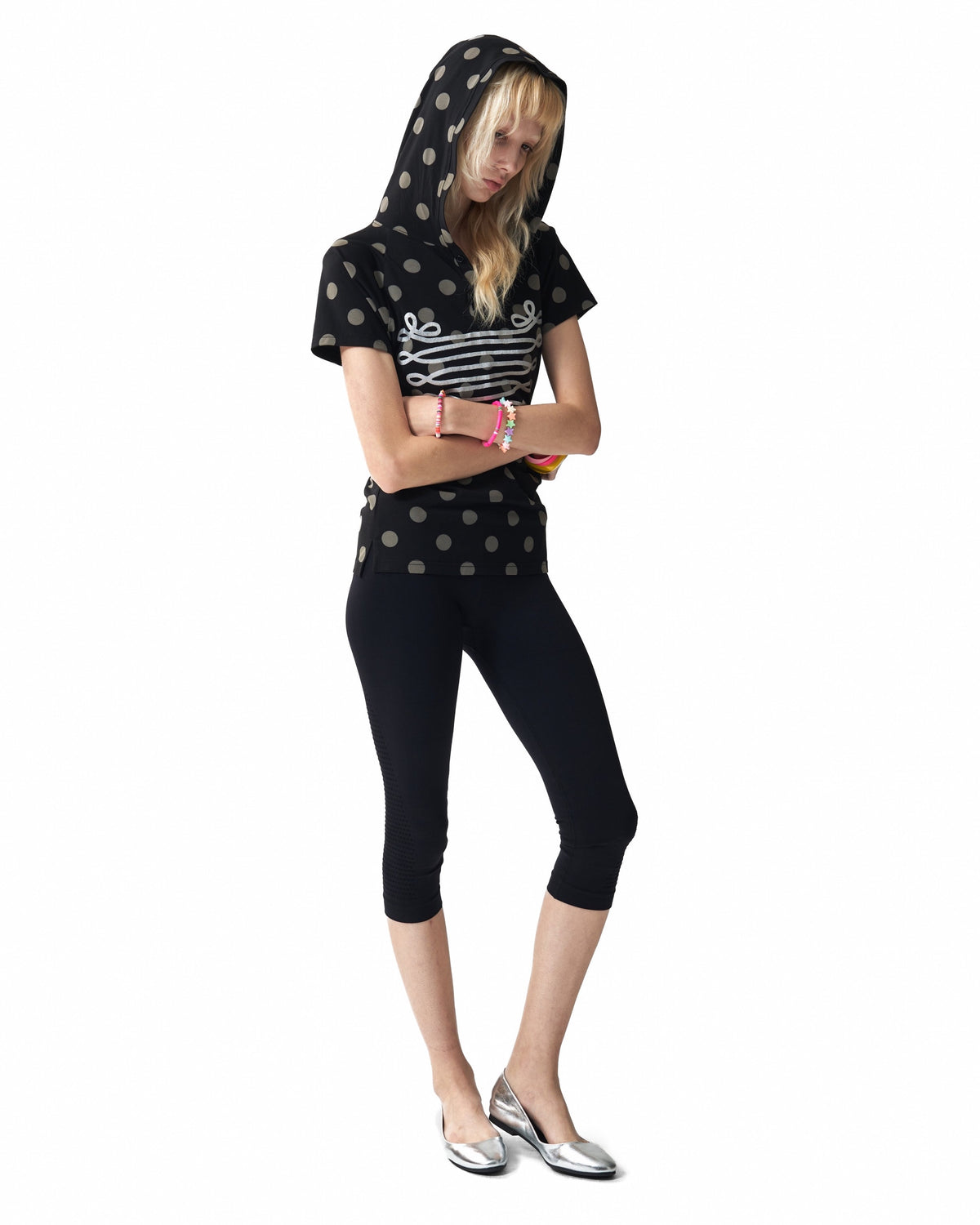Metallic Baroque Polka Dot Hooded Henley T-Shirt by NUMBASIA, on a model