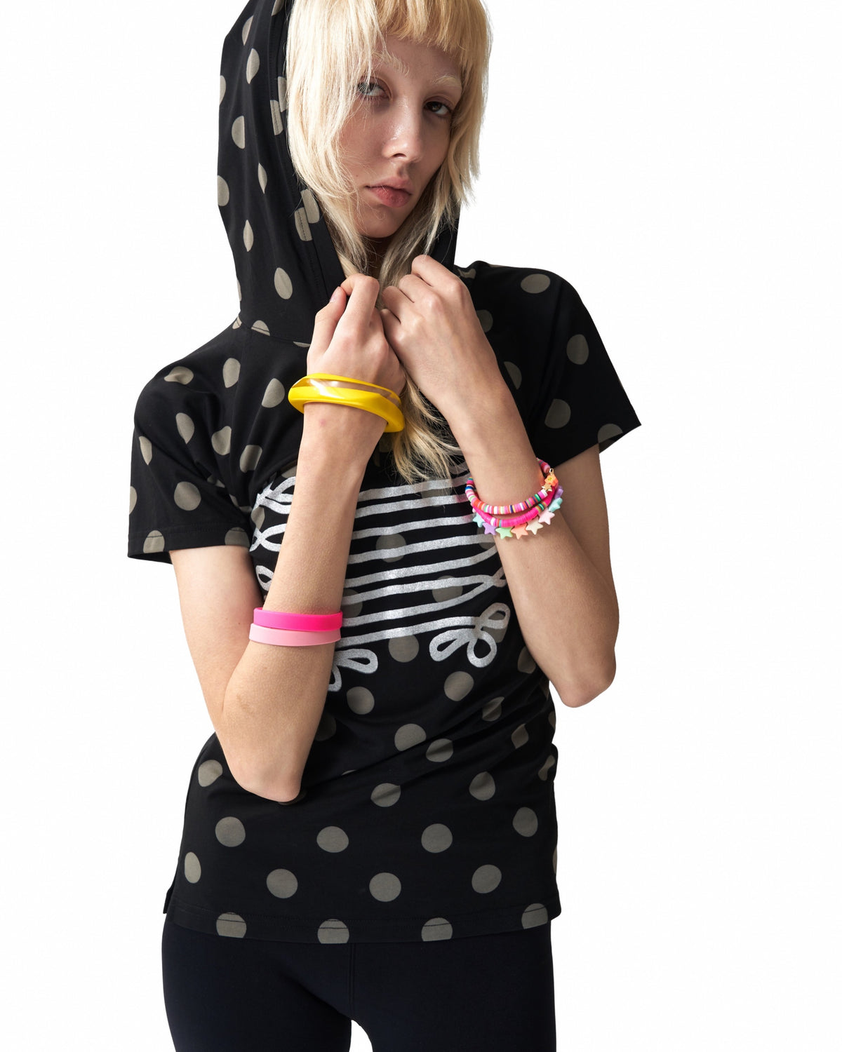 Metallic Baroque Polka Dot Hooded Henley T-Shirt by NUMBASIA, on a model