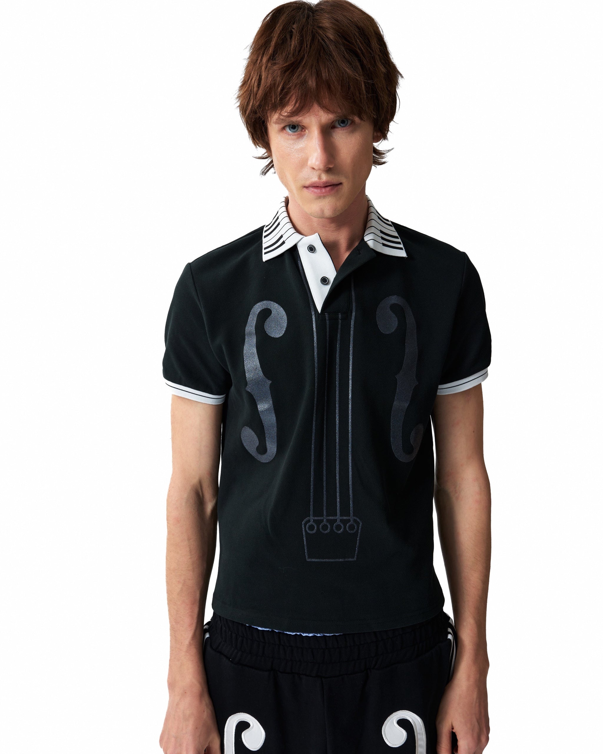 Piano Collar Music Note Glitter Polo by NUMBASIA, on a model