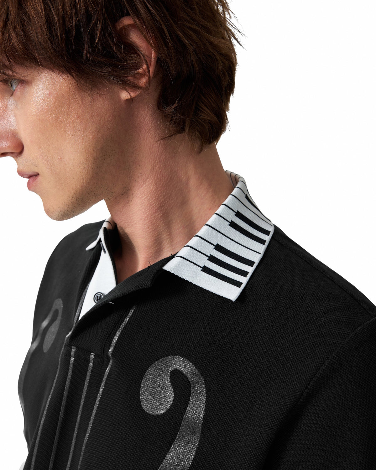 Piano Collar Music Note Glitter Polo by NUMBASIA, on a model