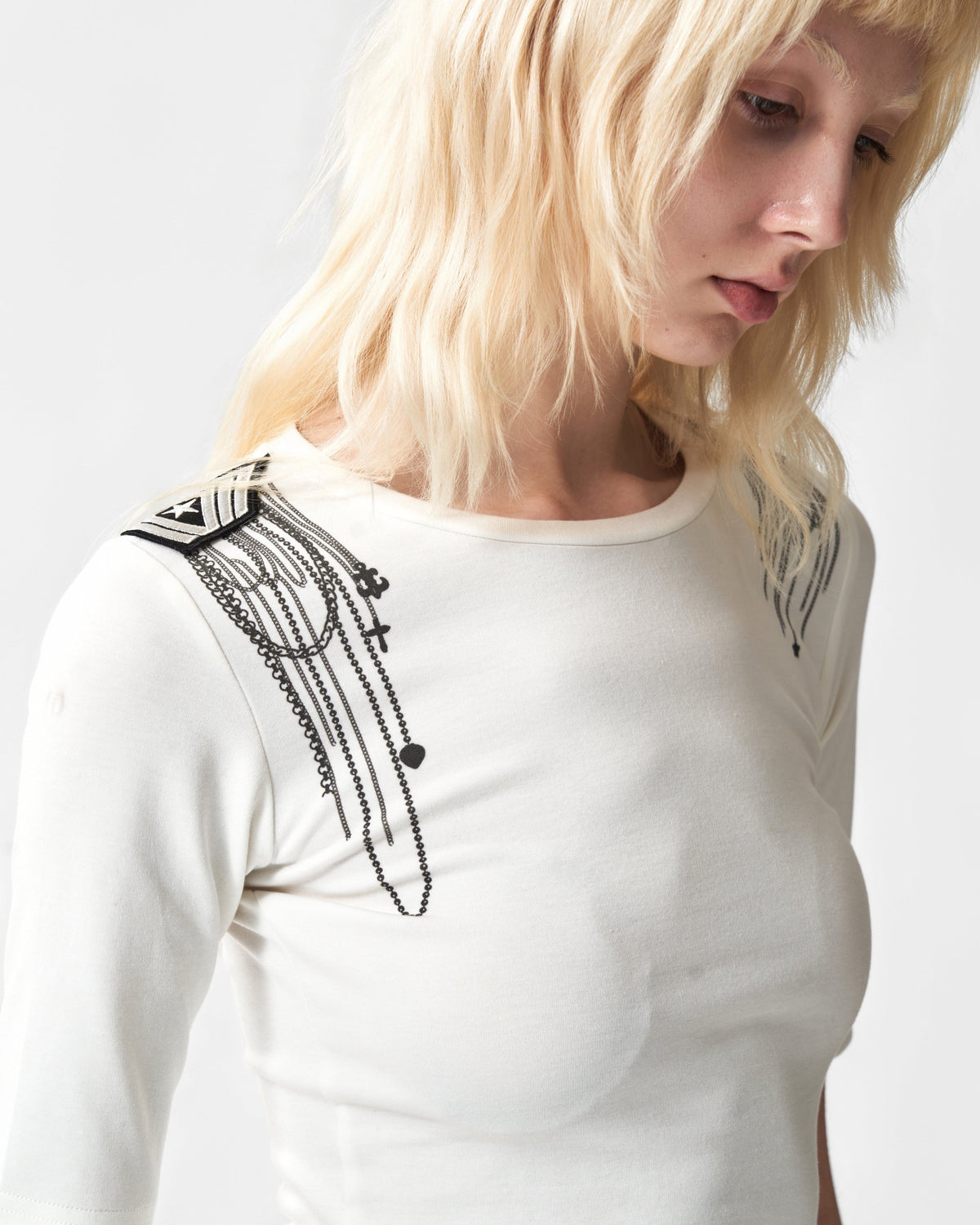 Chain and Cross Graphic Fitted T-Shirt by NUMBASIA, on a model