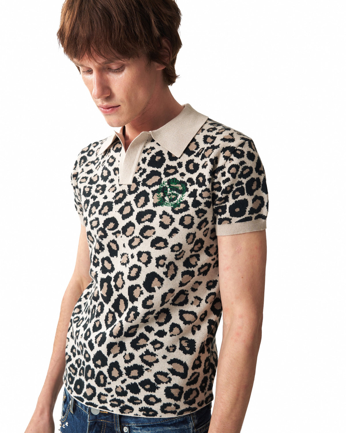 PARTYBOY Leopard Jacquard Knit Polo by NUMBASIA, on a model