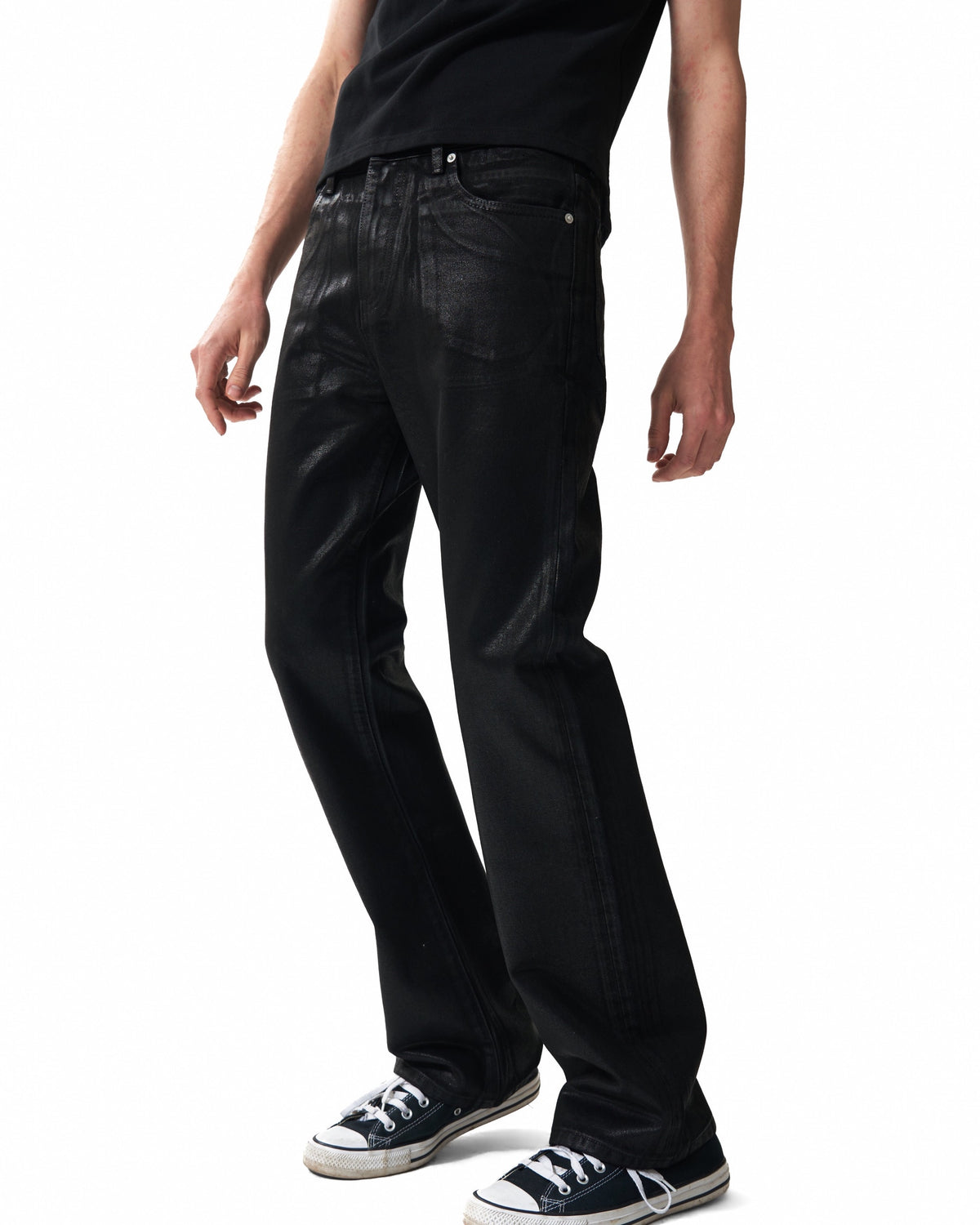 Wax-Coated 13oz Slim Flared Jeans by NUMBASIA, on a model
