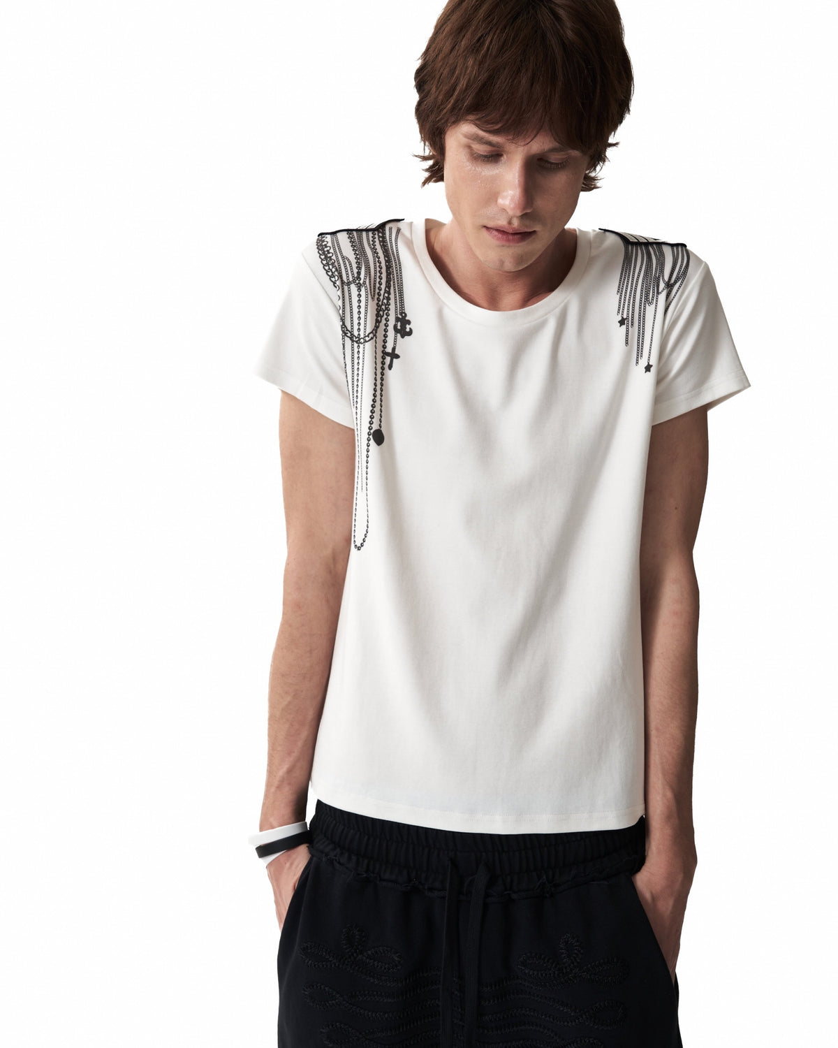 Chain and Cross Graphic Scoop-Neck T-Shirt by NUMBASIA, on a model