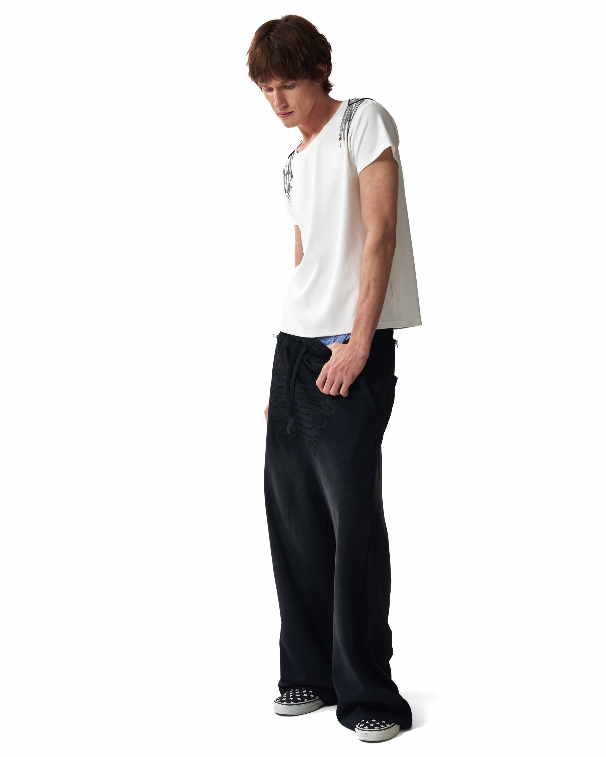 Chain and Cross Graphic Scoop-Neck T-Shirt by NUMBASIA, on a model
