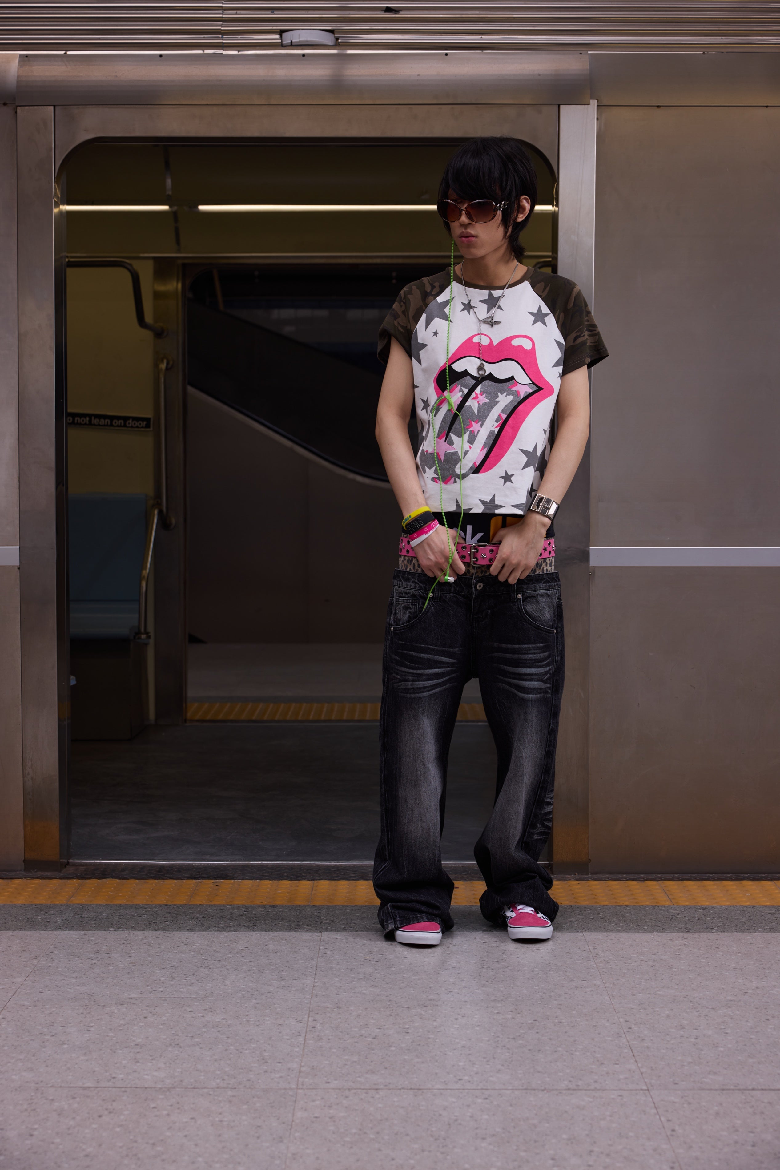 Leopard Double-Waist Washed 13oz Baggy Jeans by NUMBASIA, on a model