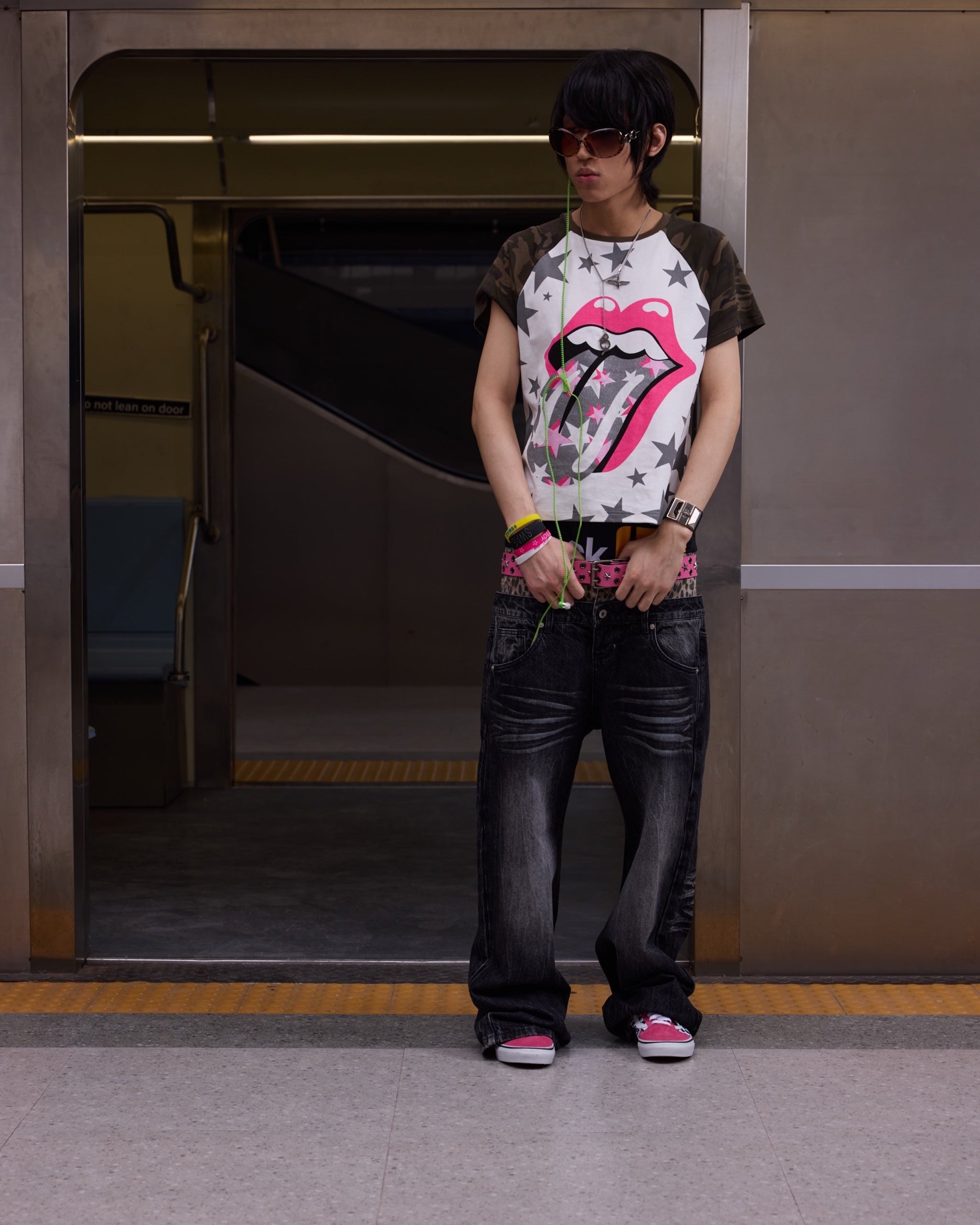 Leopard Double-Waist Washed 13oz Baggy Jeans by NUMBASIA, on a model