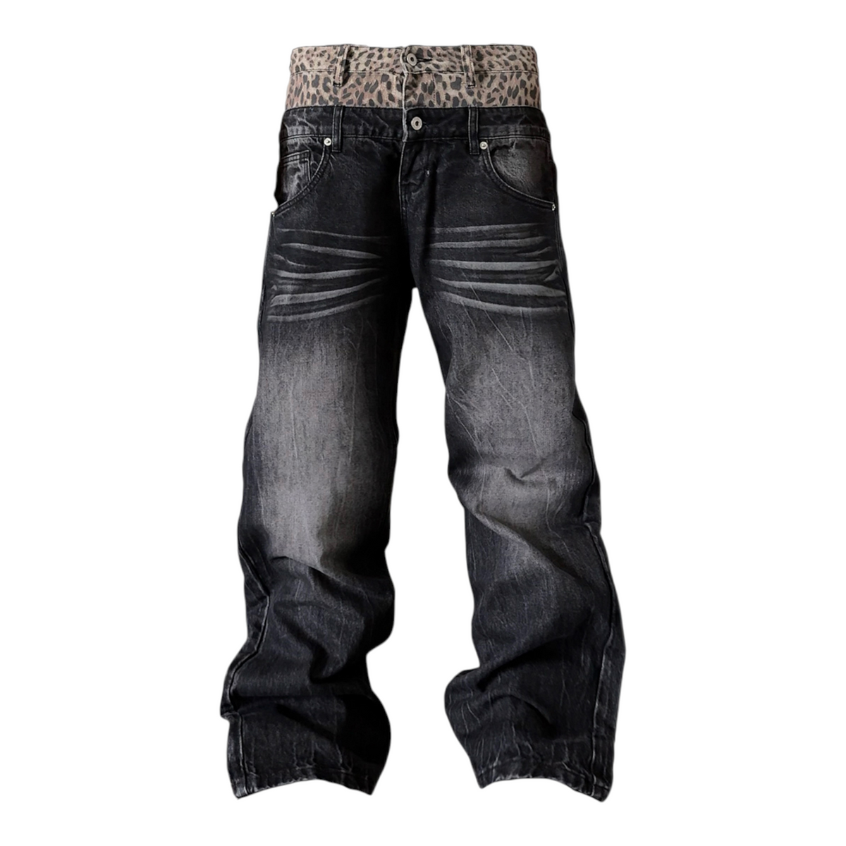 Leopard Double-Waist Washed 13oz Baggy Jeans by NUMBASIA, front view