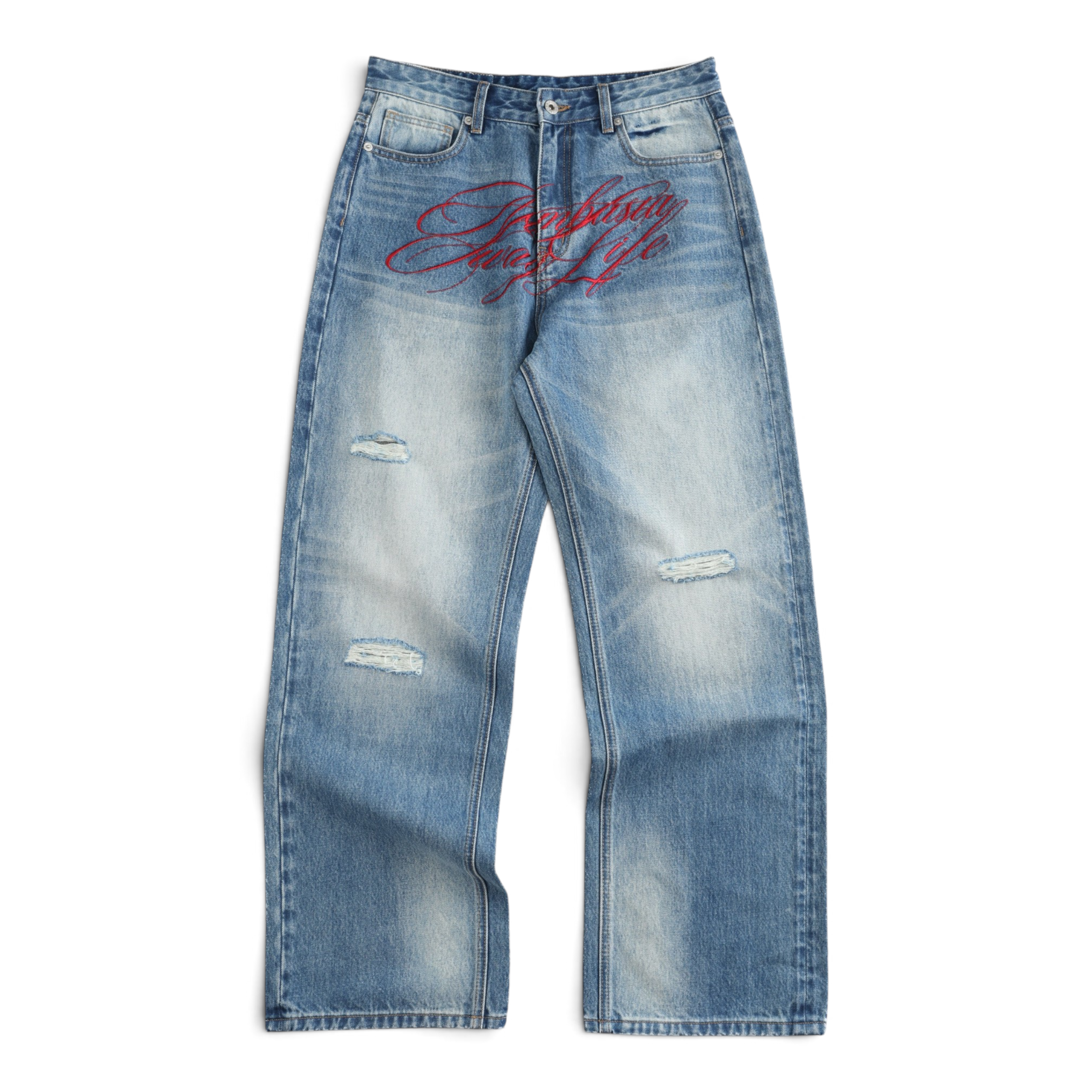PARTY LIFE Embroidered Distressed 13oz Baggy Jeans by NUMBASIA, product view