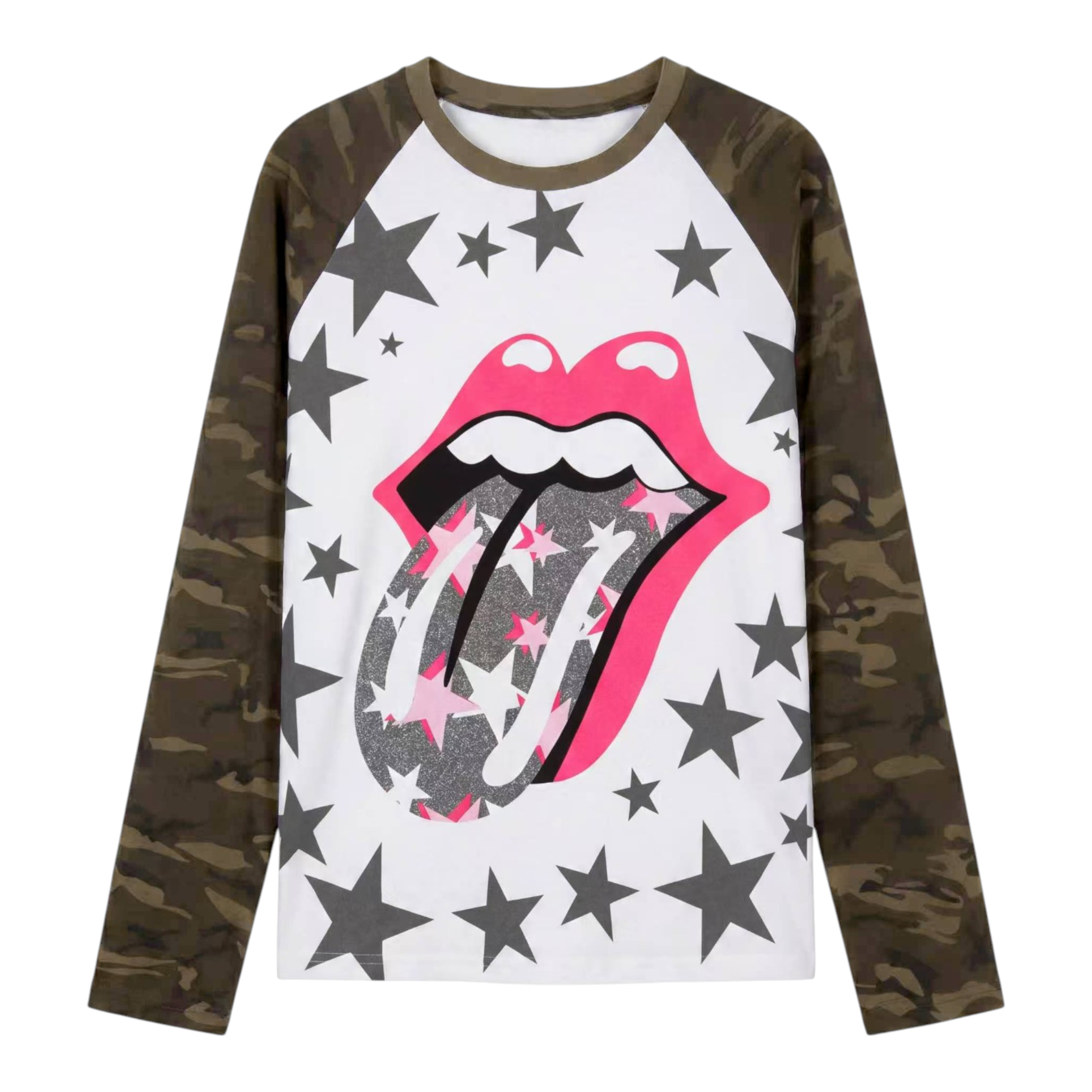 Pink Tongue Star Camo Raglan Long Sleeve T-Shirt by NUMBASIA, front view