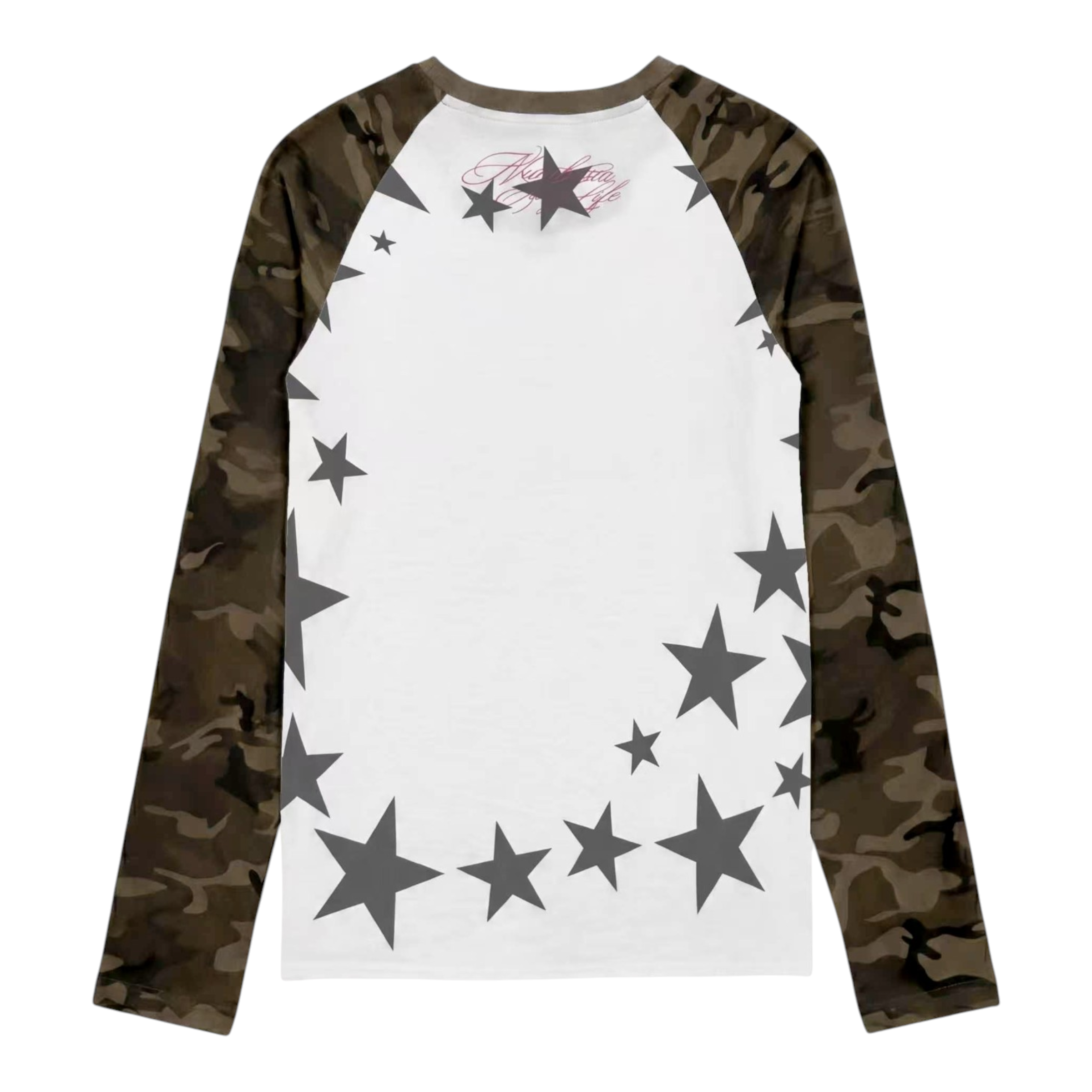 Pink Tongue Star Camo Raglan Long Sleeve T-Shirt by NUMBASIA, back view