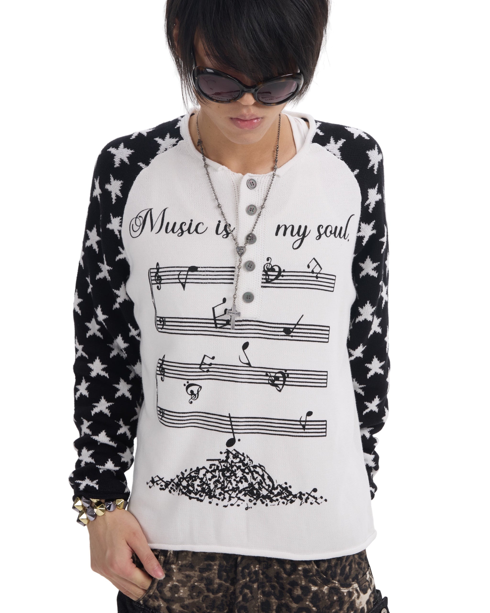 Music Note Star Raglan Knit Henley by NUMBASIA, on a model