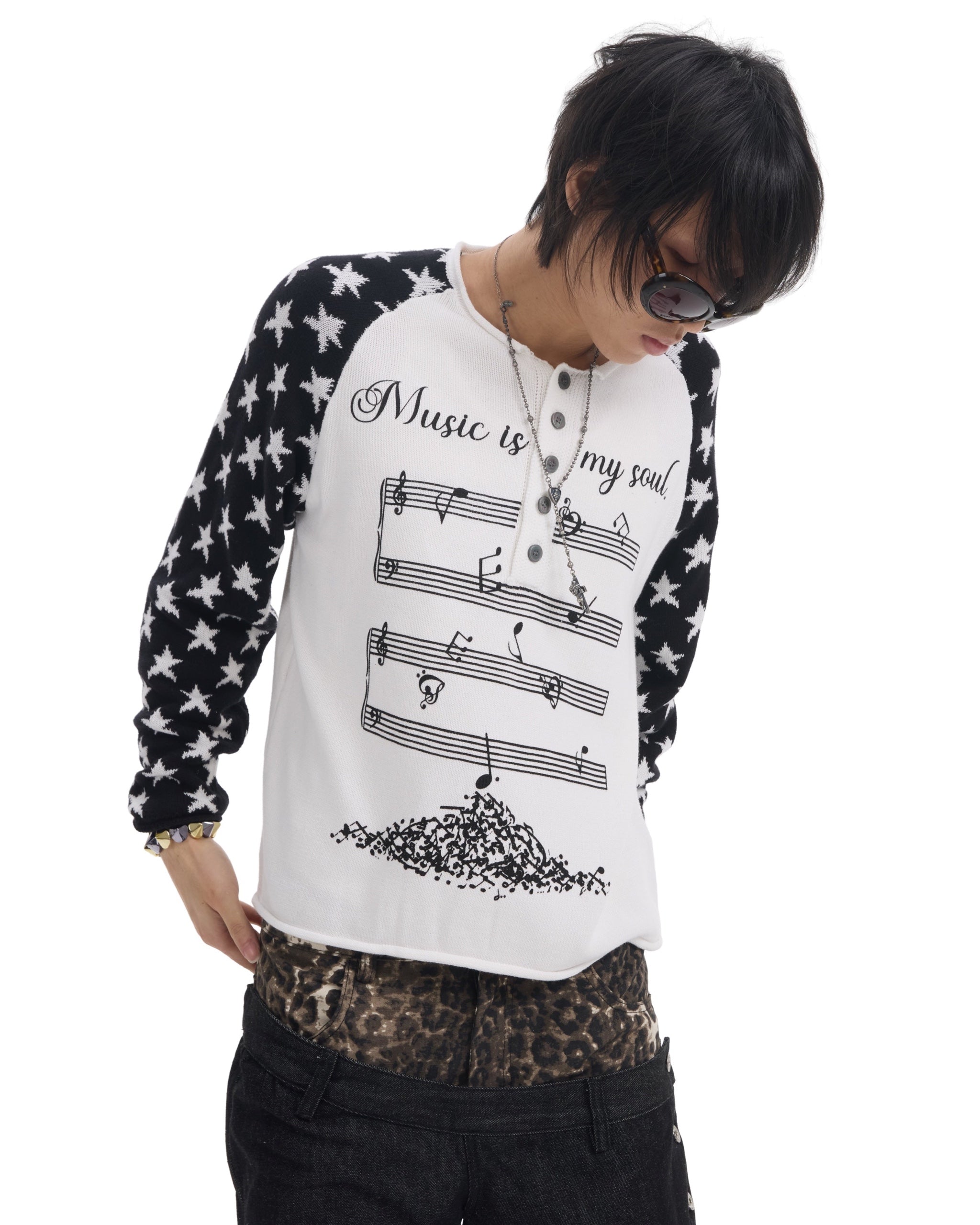 Music Note Star Raglan Knit Henley by NUMBASIA, on a model