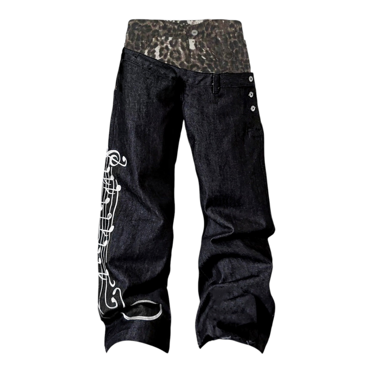 Leopard Double-Waist Music Note 13oz Baggy Jeans by NUMBASIA, front view