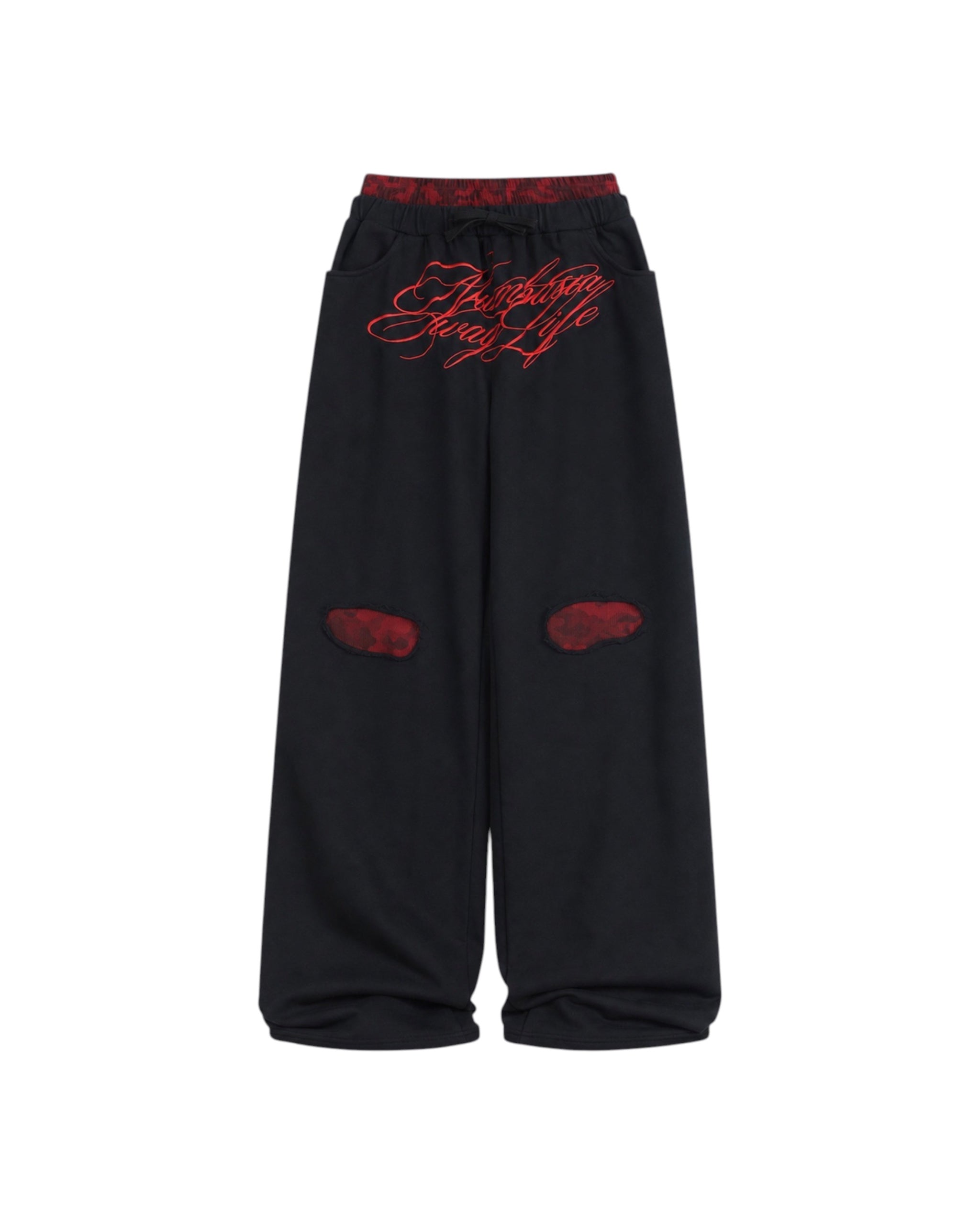 Red Camo Double-Waist Embroidered Baggy Joggers by NUMBASIA, product view