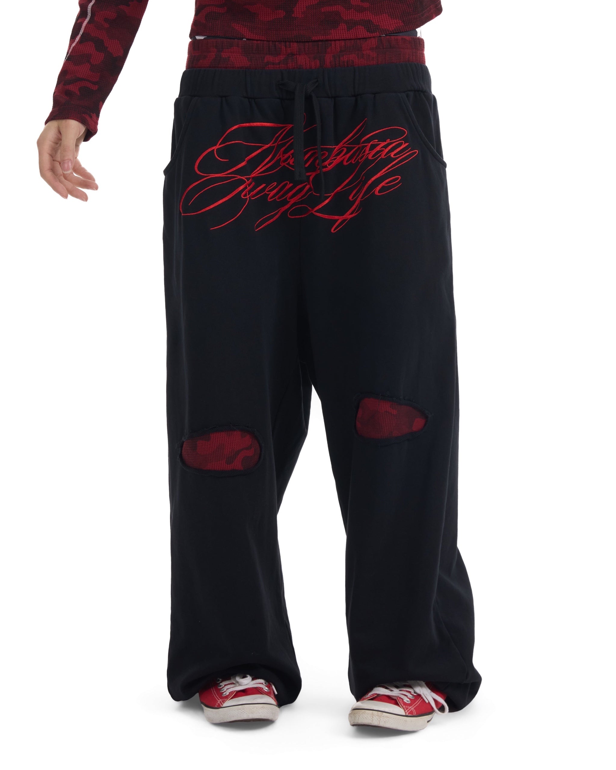 Red Camo Double-Waist Embroidered Baggy Joggers by NUMBASIA, on a model