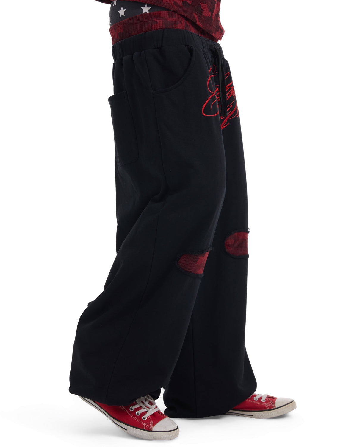 Red Camo Double-Waist Embroidered Baggy Joggers by NUMBASIA, on a model