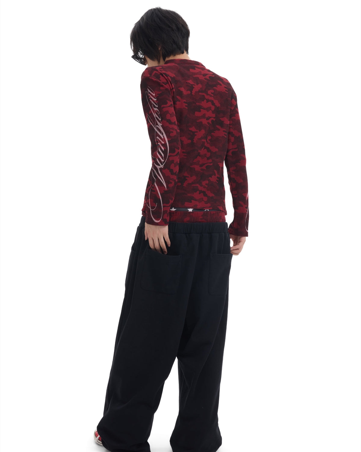 Red Camo Double-Waist Embroidered Baggy Joggers by NUMBASIA, on a model