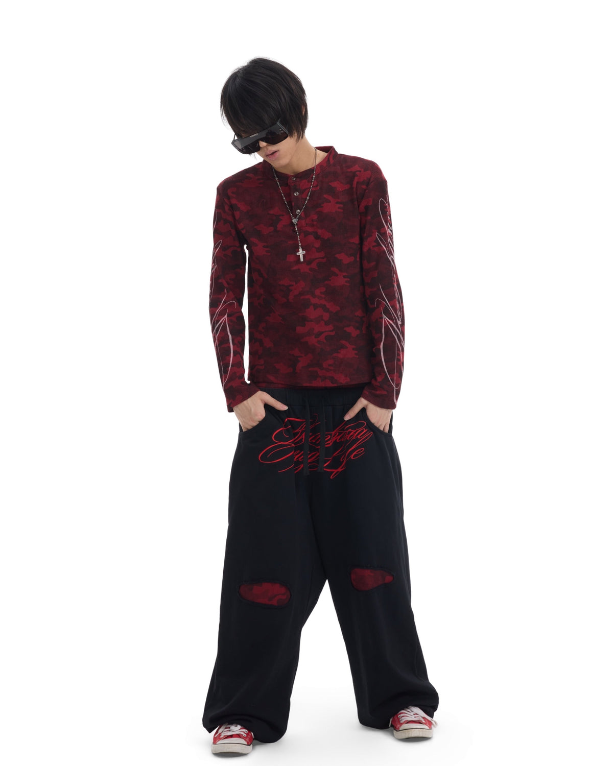 Red Camo Double-Waist Embroidered Baggy Joggers by NUMBASIA, on a model