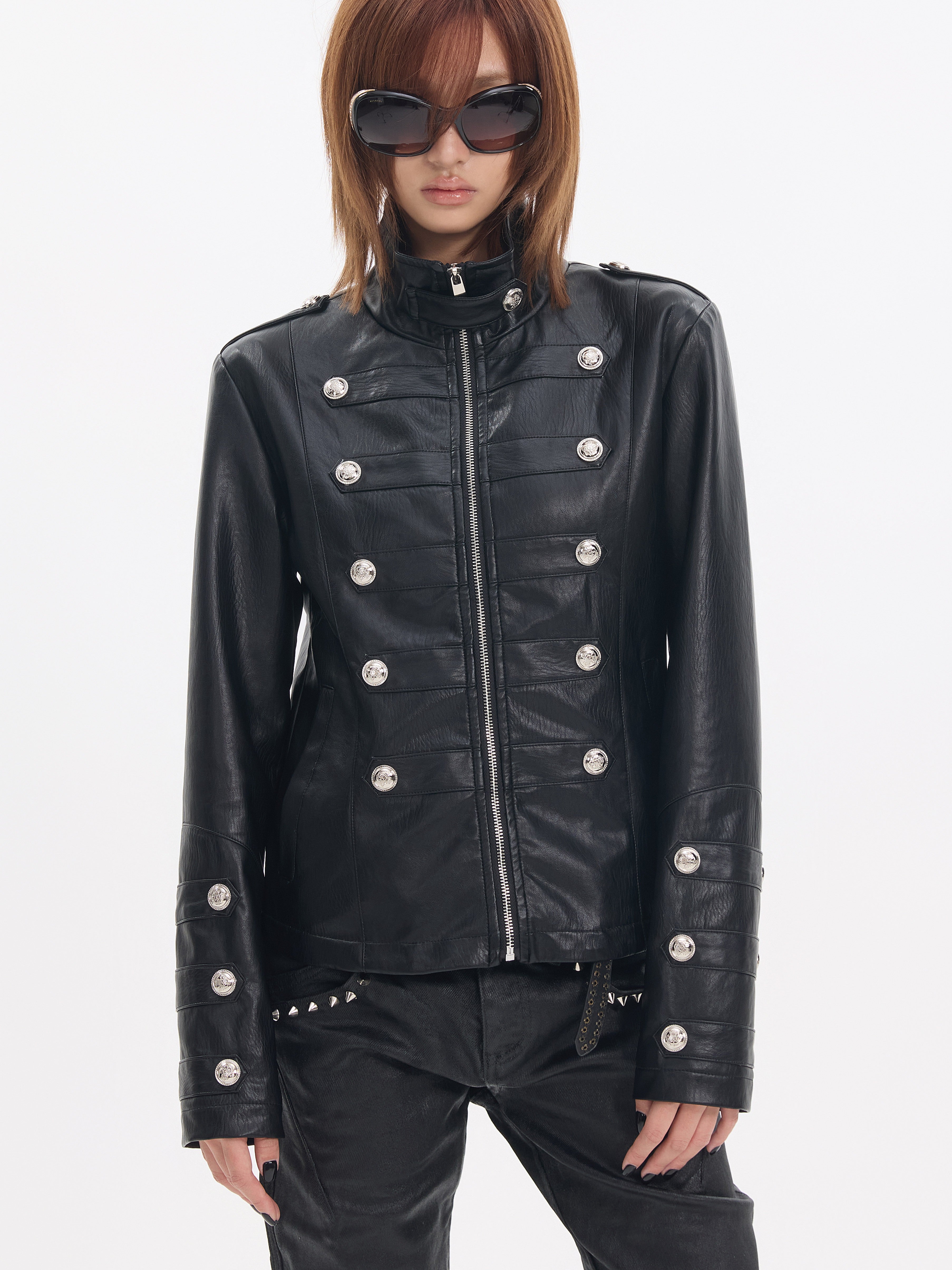 NUMBASIA Military Button Faux Leather Jacket — NA0010