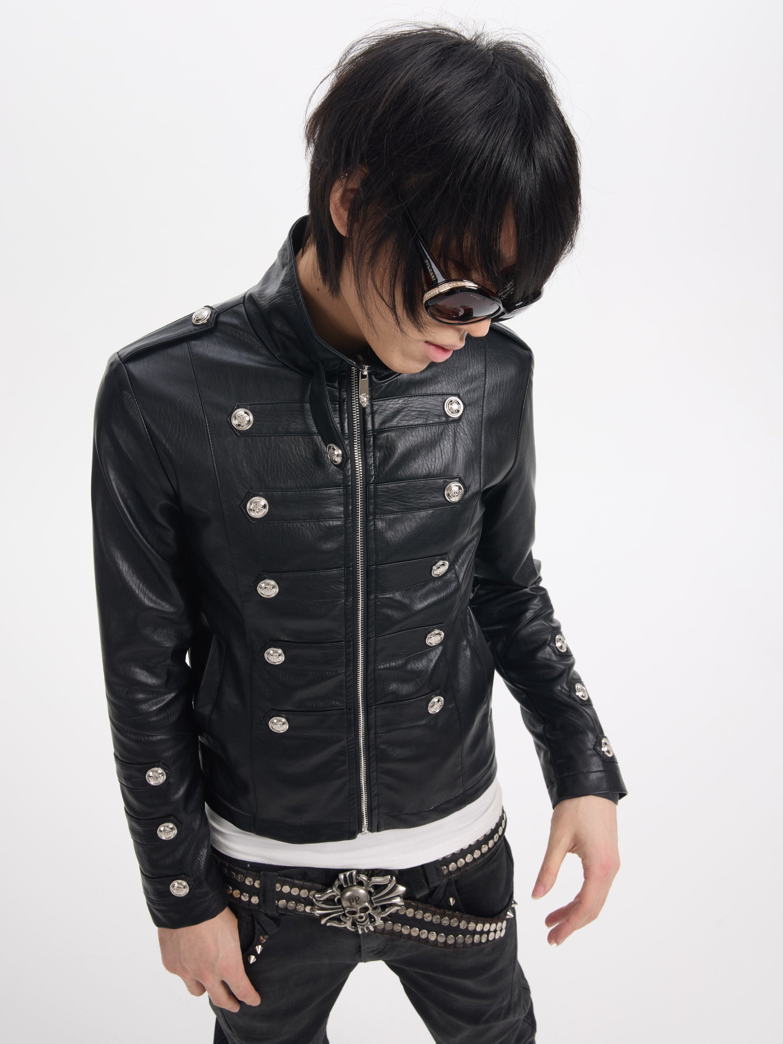 NUMBASIA Military Button Faux Leather Jacket — NA0010