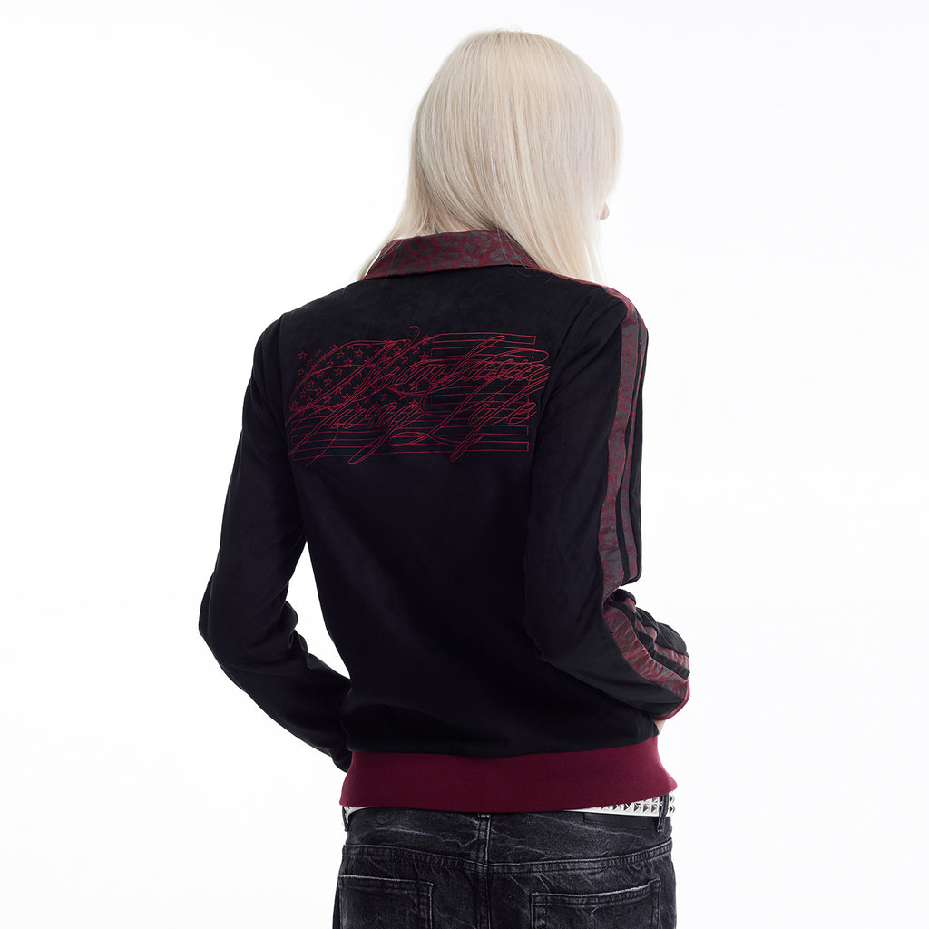 NUMBASIA Flag Embroidered Contrast Faux Suede Jacket — NA0020