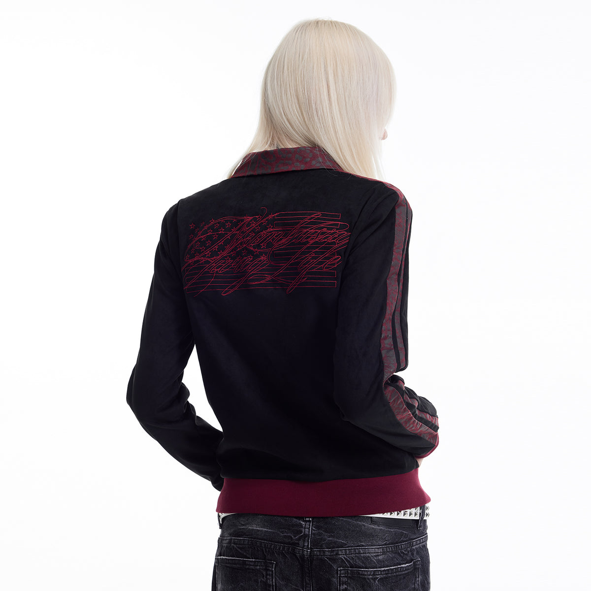 NUMBASIA Flag Embroidered Contrast Faux Suede Jacket — NA0020